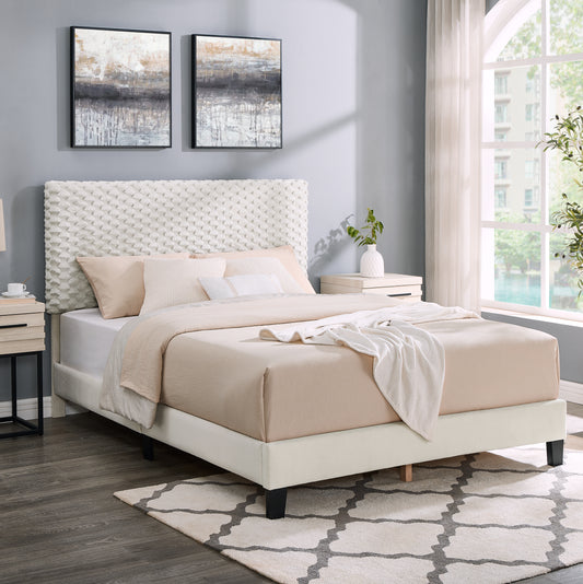 White textured headboard upholstered queen bed frame with neutral bedding