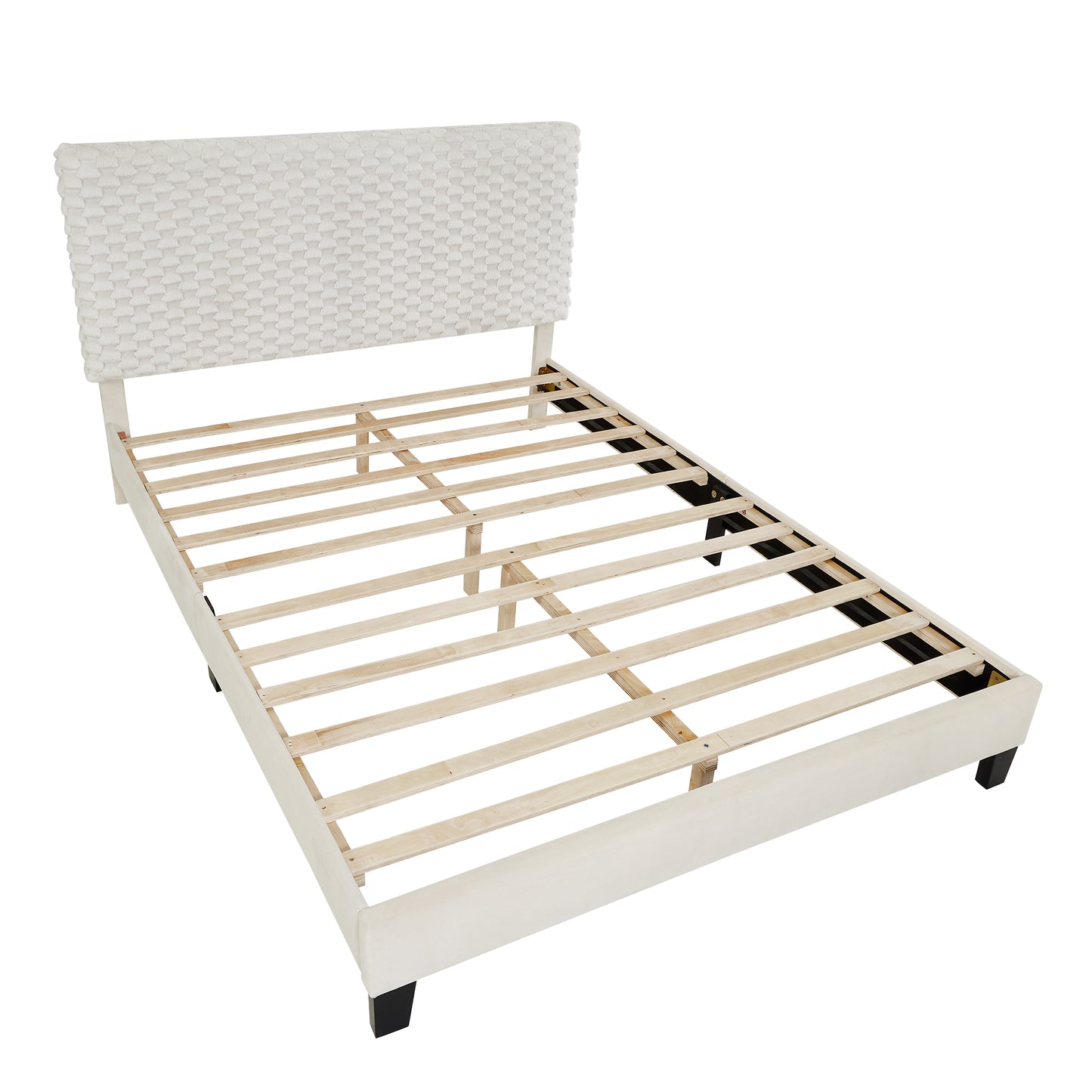 Cream upholstered platform bed frame with wood slats and textured headboard