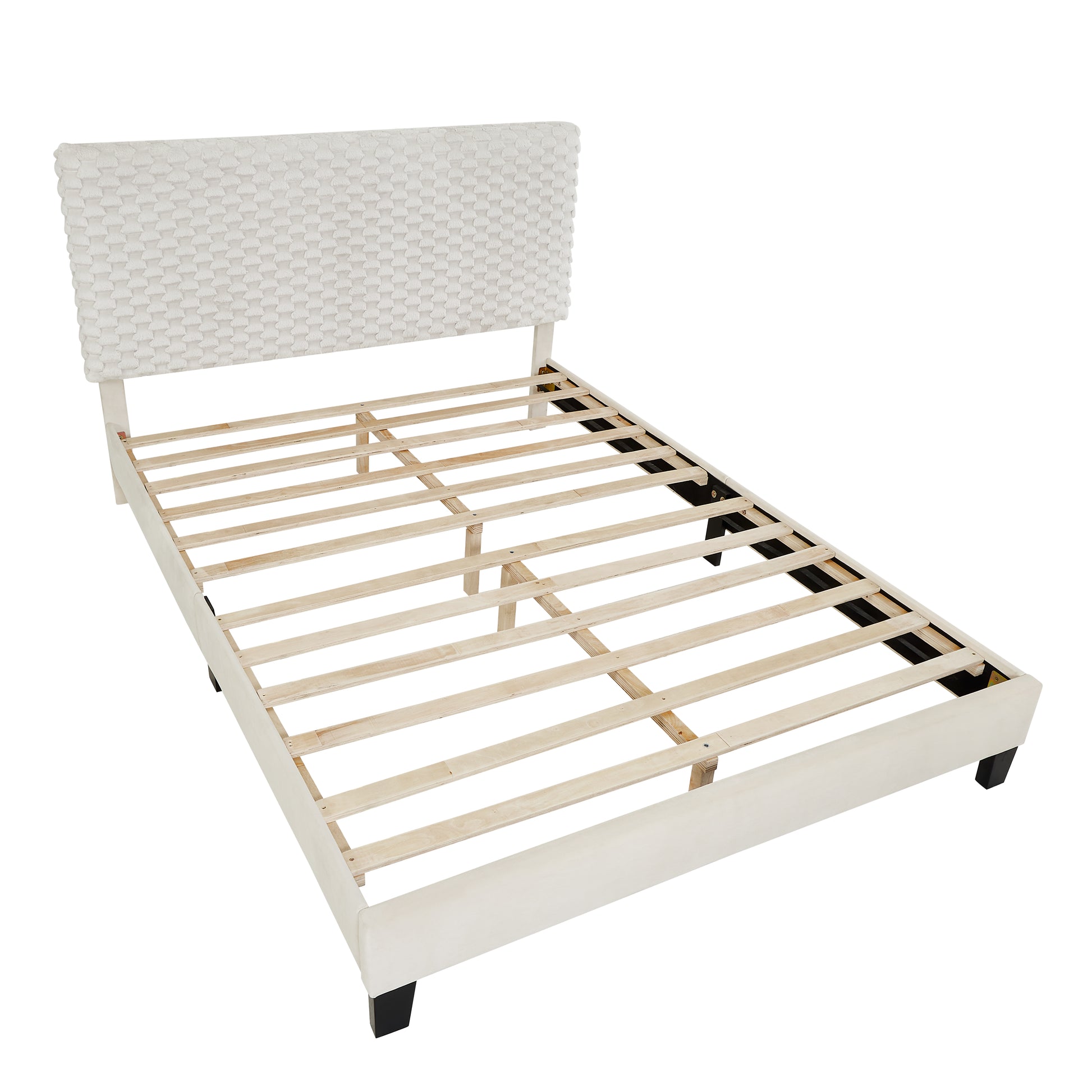 Cream upholstered platform bed frame with wood slats and textured headboard
