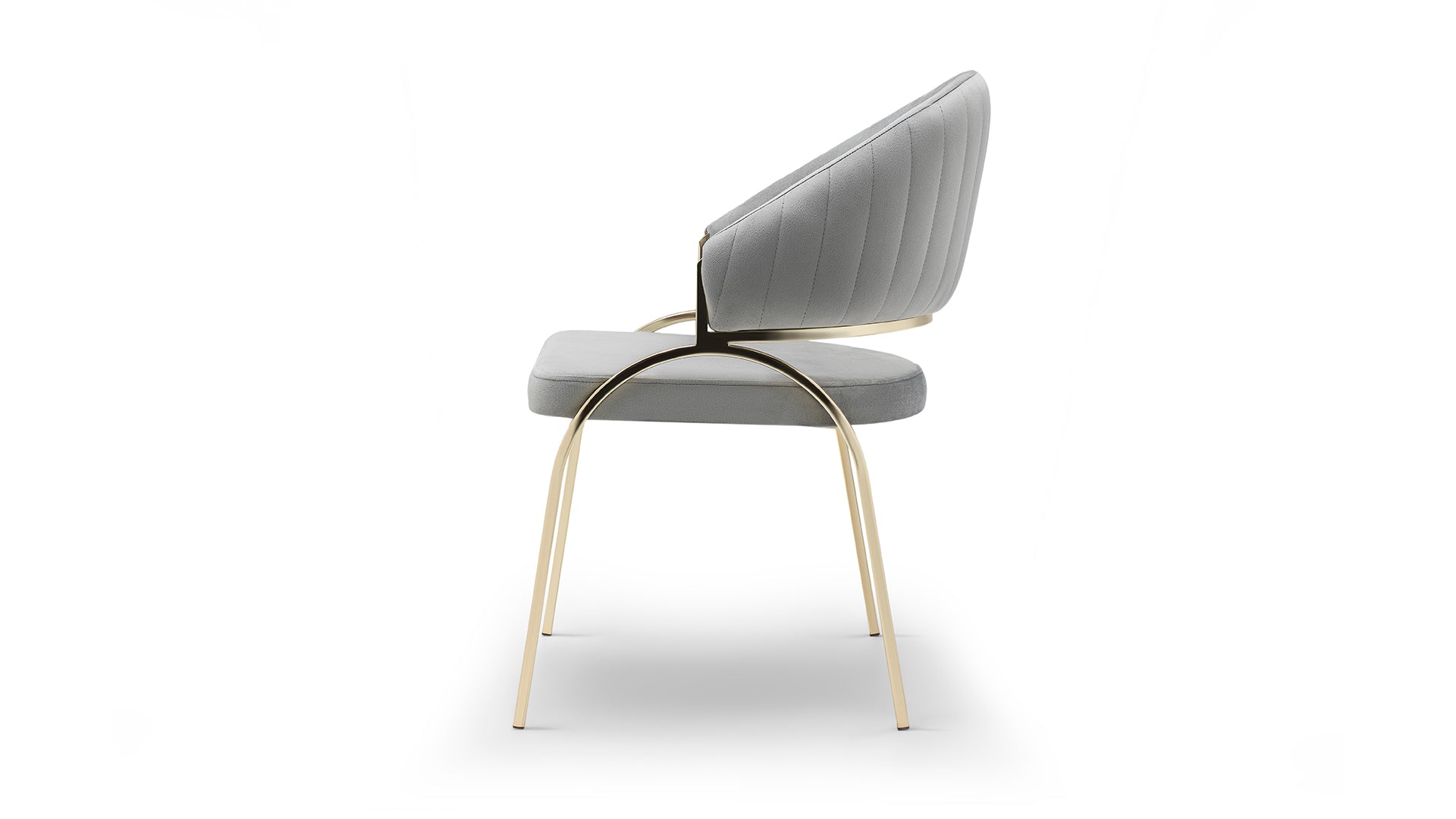 Modern grey velvet dining chair with elegant gold metal legs and subtle stitching detail