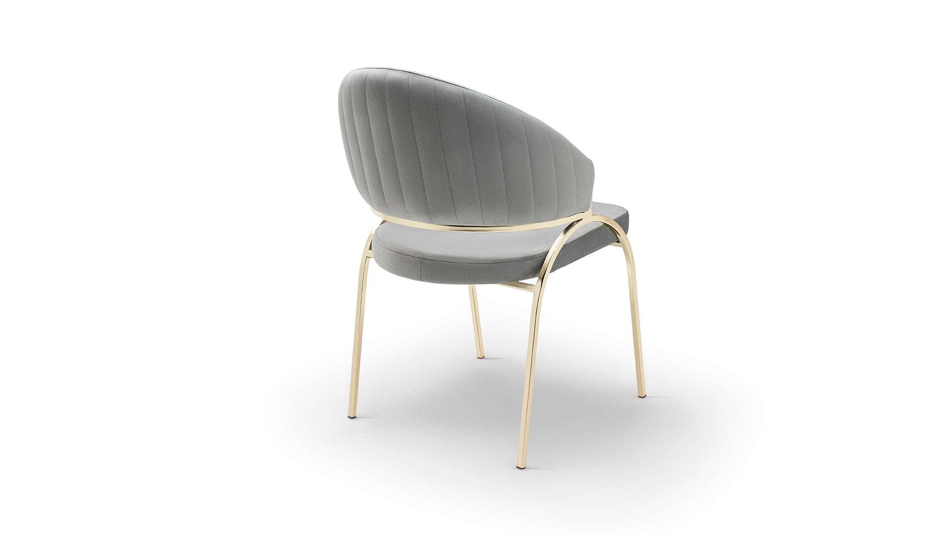 Modern grey upholstered dining chair with gold metal legs detailed stitching