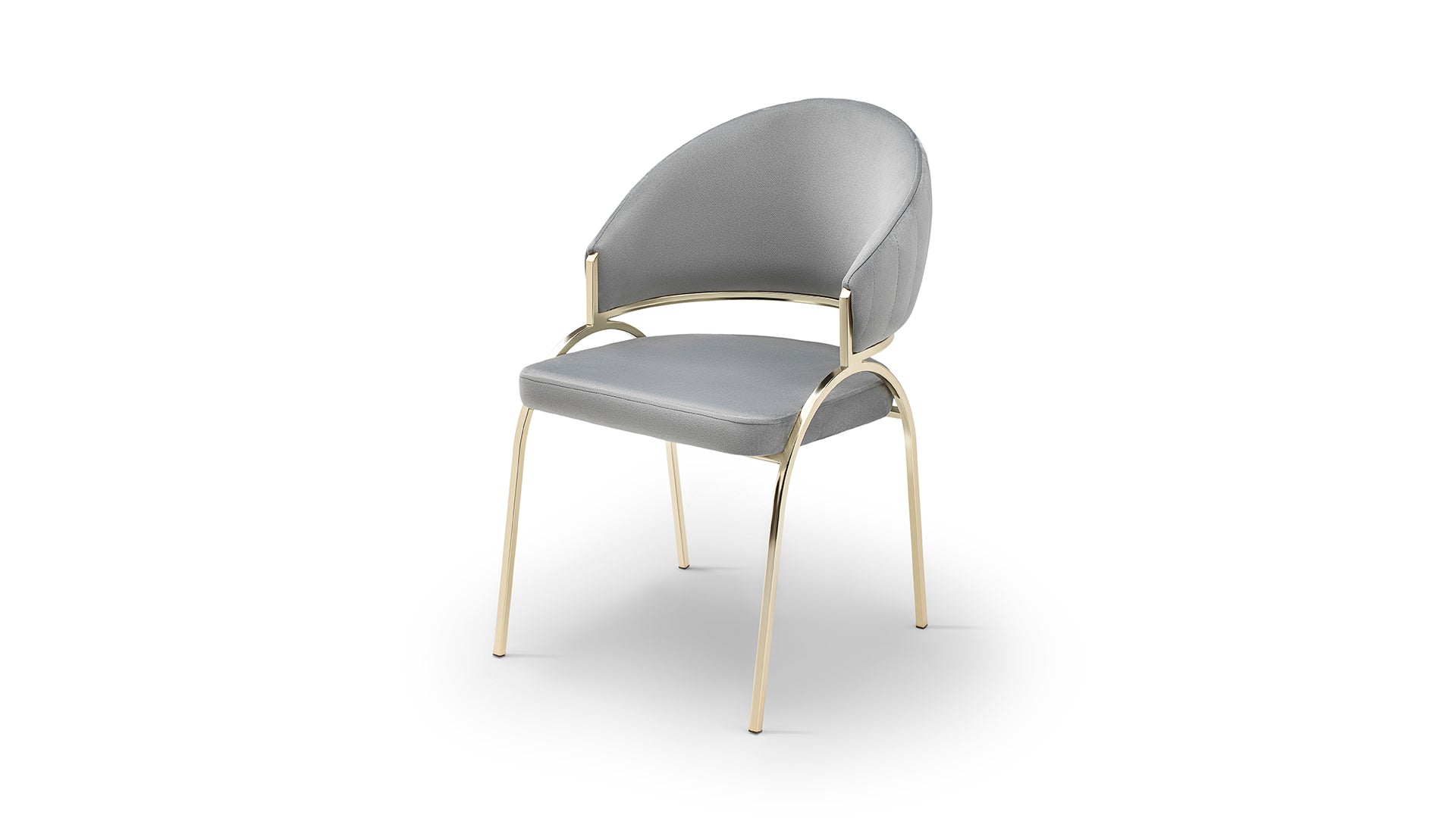 Modern grey upholstered dining chair with gold metal legs