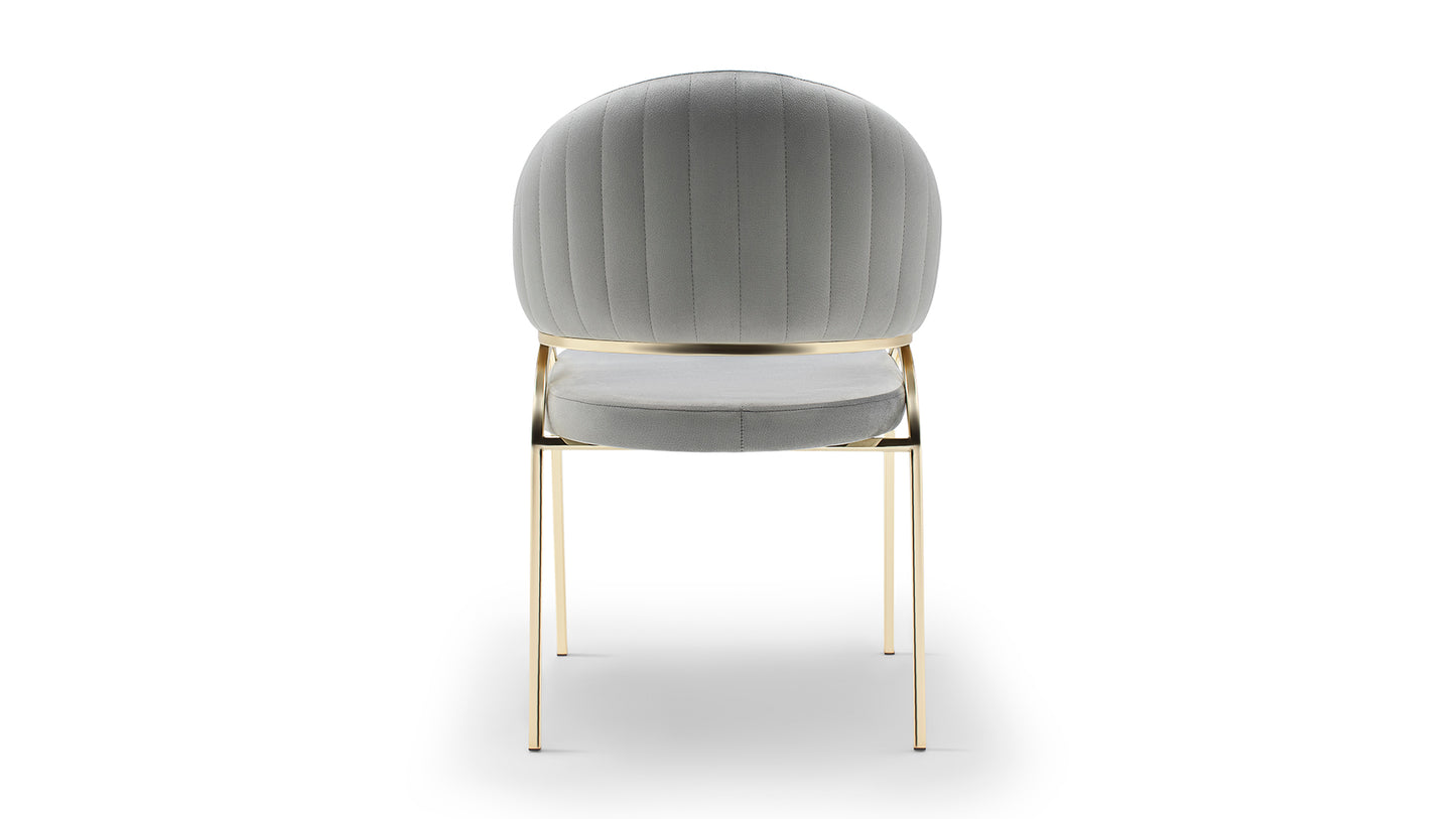Tufted grey fabric dining chair with gold metal legs