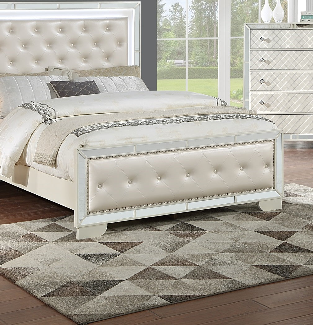Tufted cream leather queen bed frame with crystal accents and mirrored trim