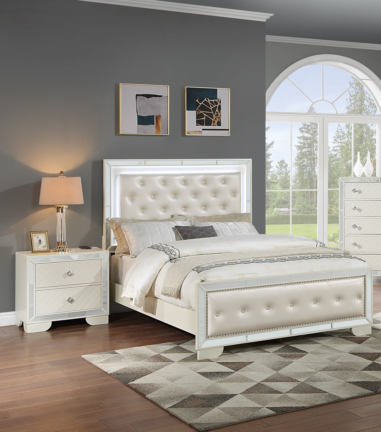 Upholstered tufted cream headboard with LED lighting part of a luxury bed frame set