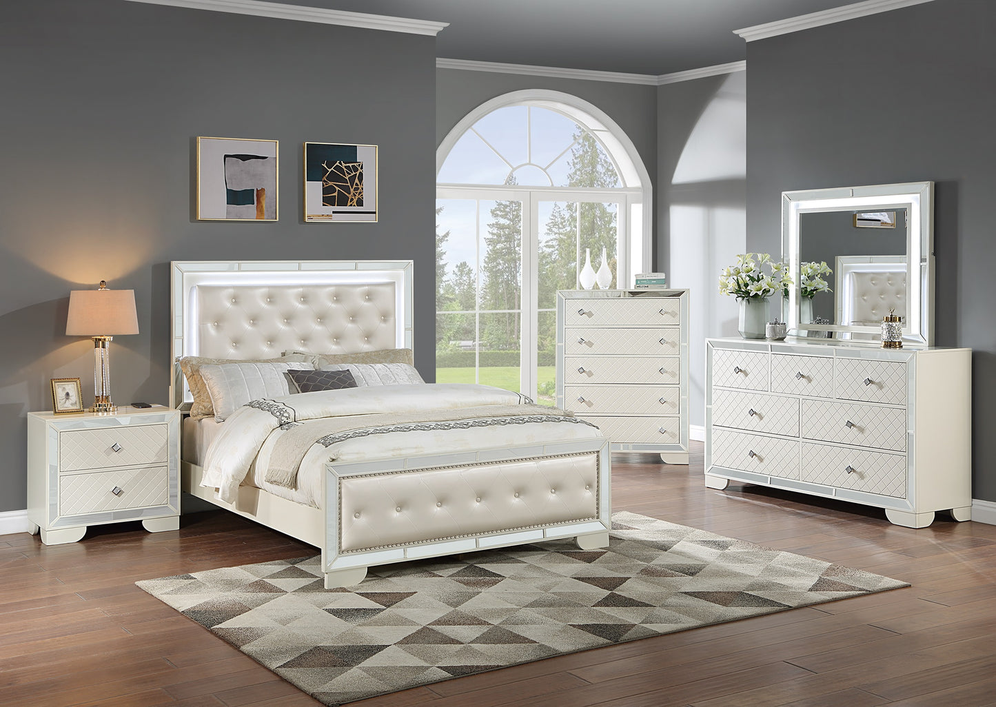Tufted upholstered cream bed with LED headboard paired with mirrored nightstand for bedroom set