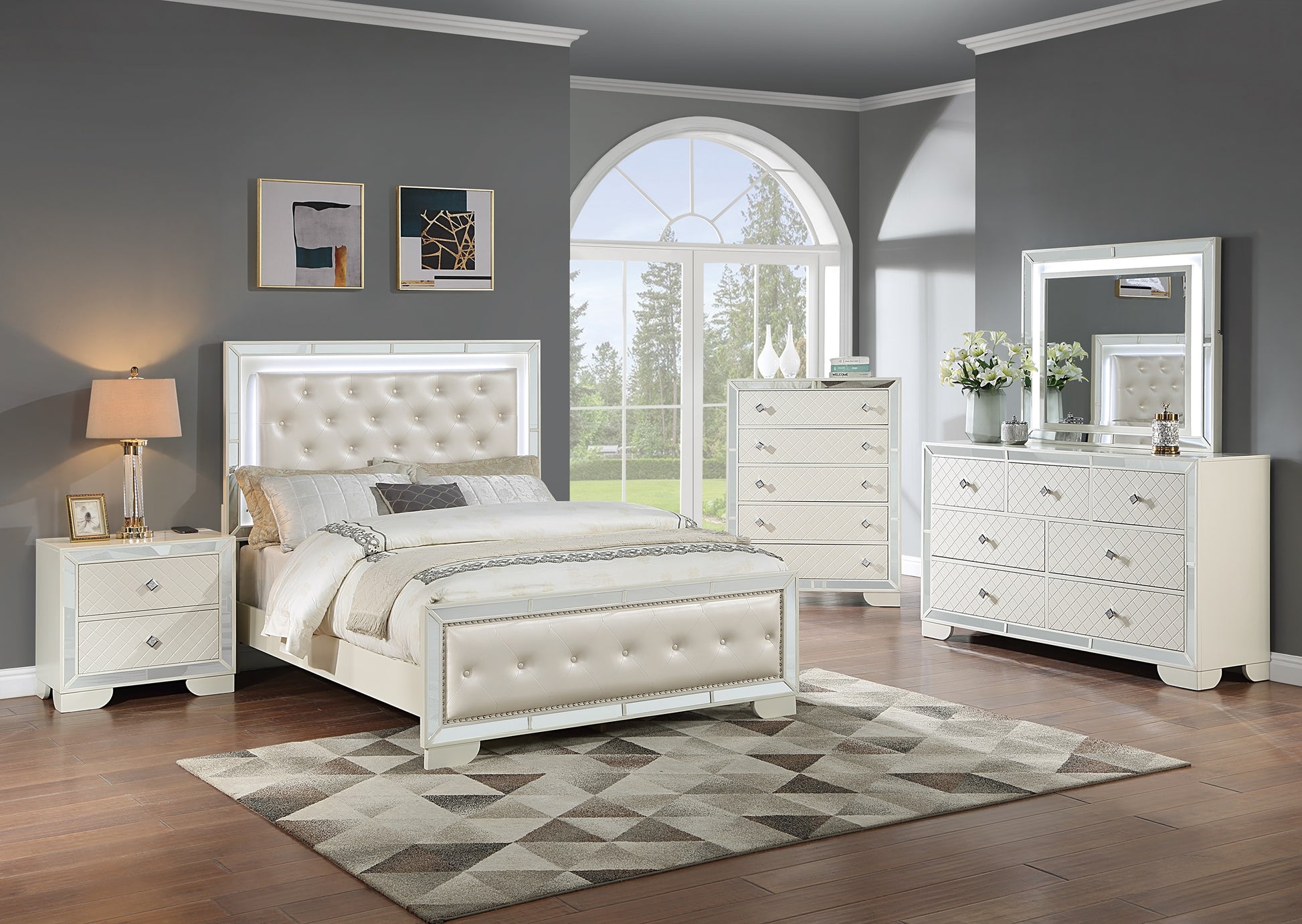 Tufted upholstered cream bed with LED headboard paired with mirrored nightstand for bedroom set
