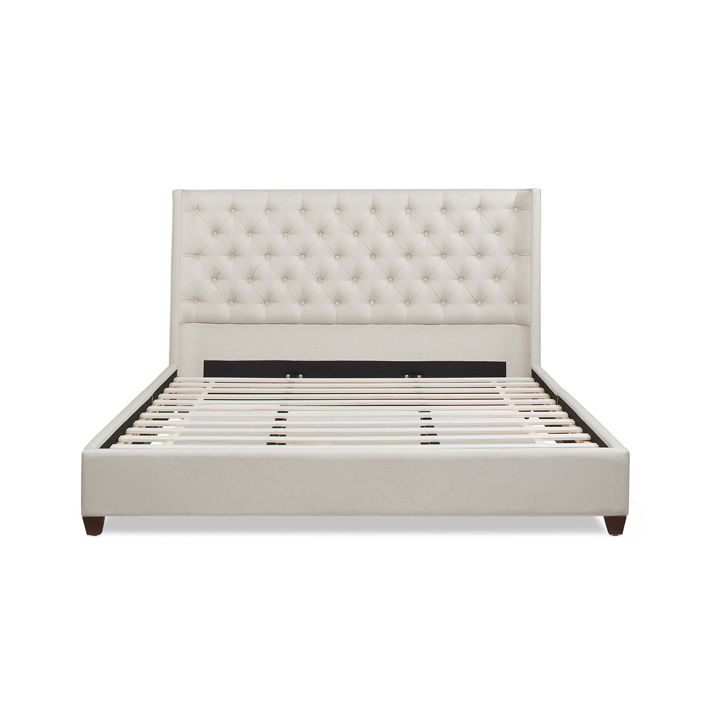 Tufted beige upholstered platform bed frame with wooden slats