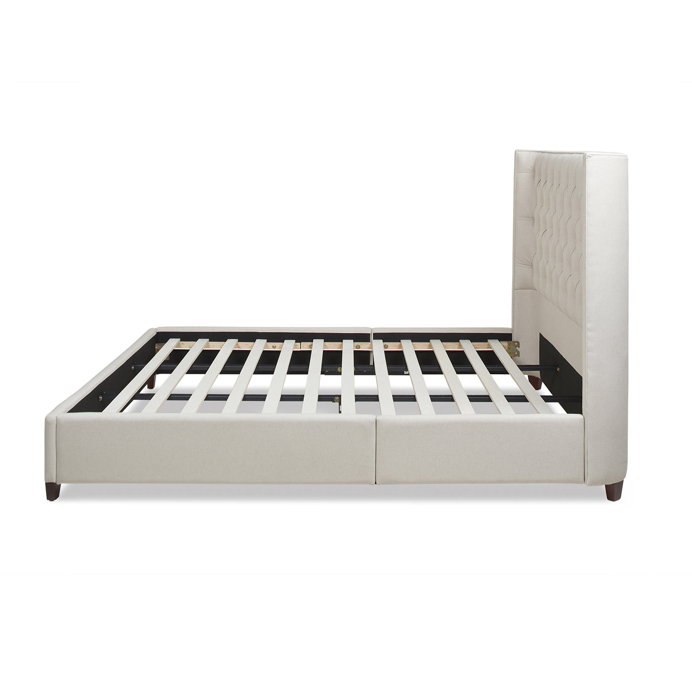 Upholstered bed frame with buttontufted headboard in cream queen size