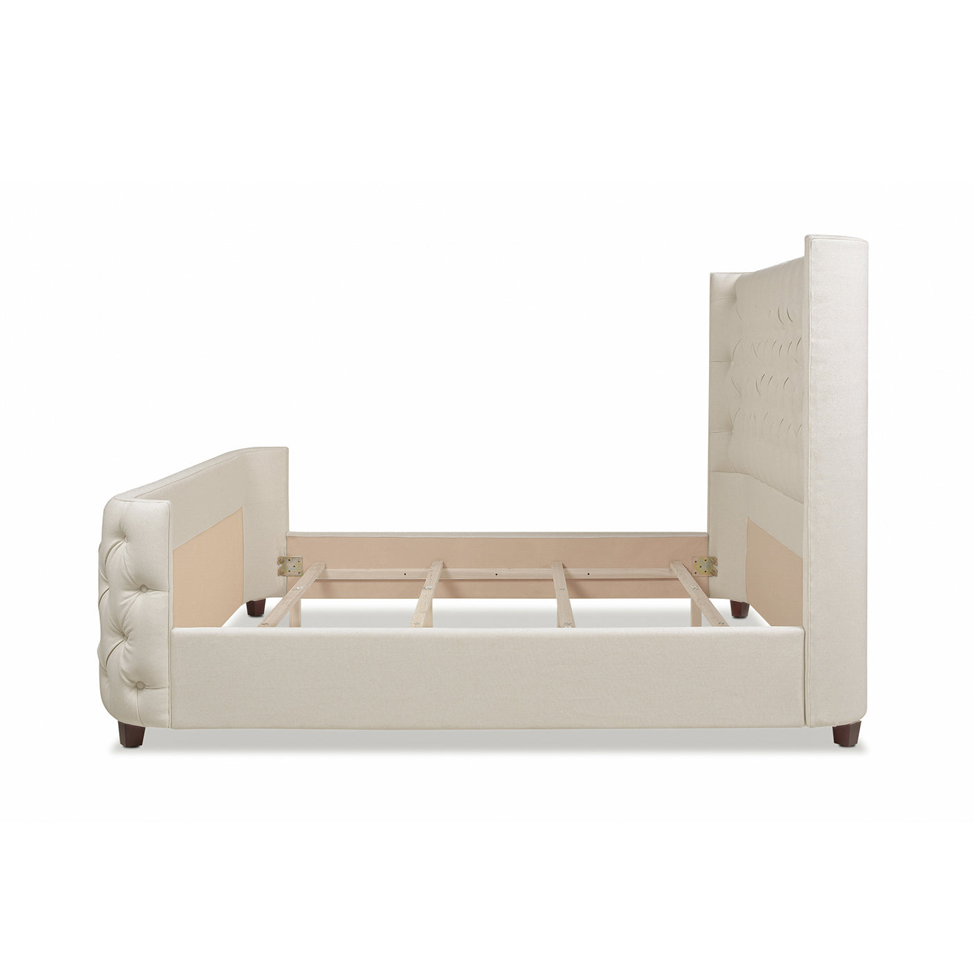 Tufted beige fabric bed frame with wooden slats for mattress support