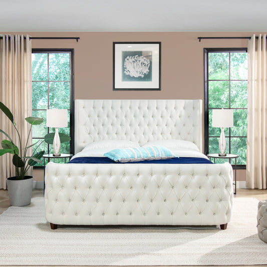 White tufted leather king bed frame with plush headboard and footboard ideal for luxury bedrooms