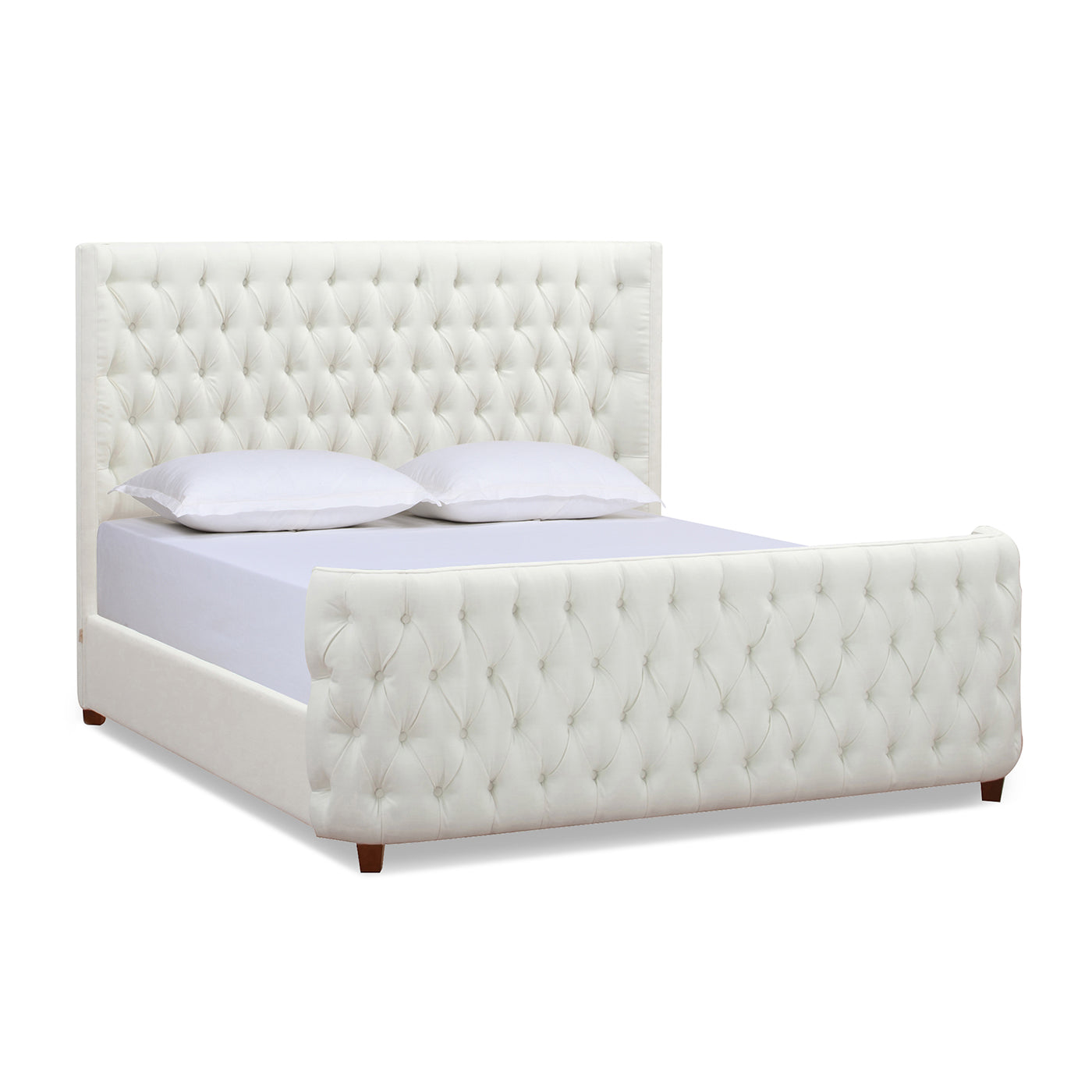 Tufted white fabric king size bed frame with curved headboard and footboard