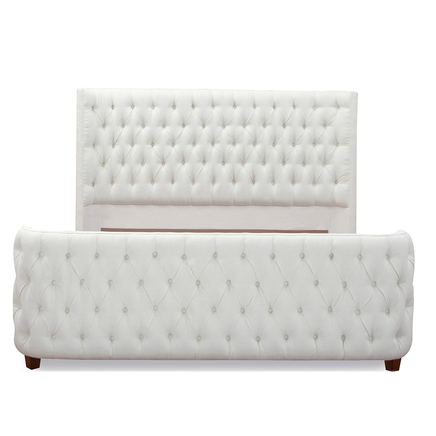 White linen tufted king bed frame with elegant button detailing
