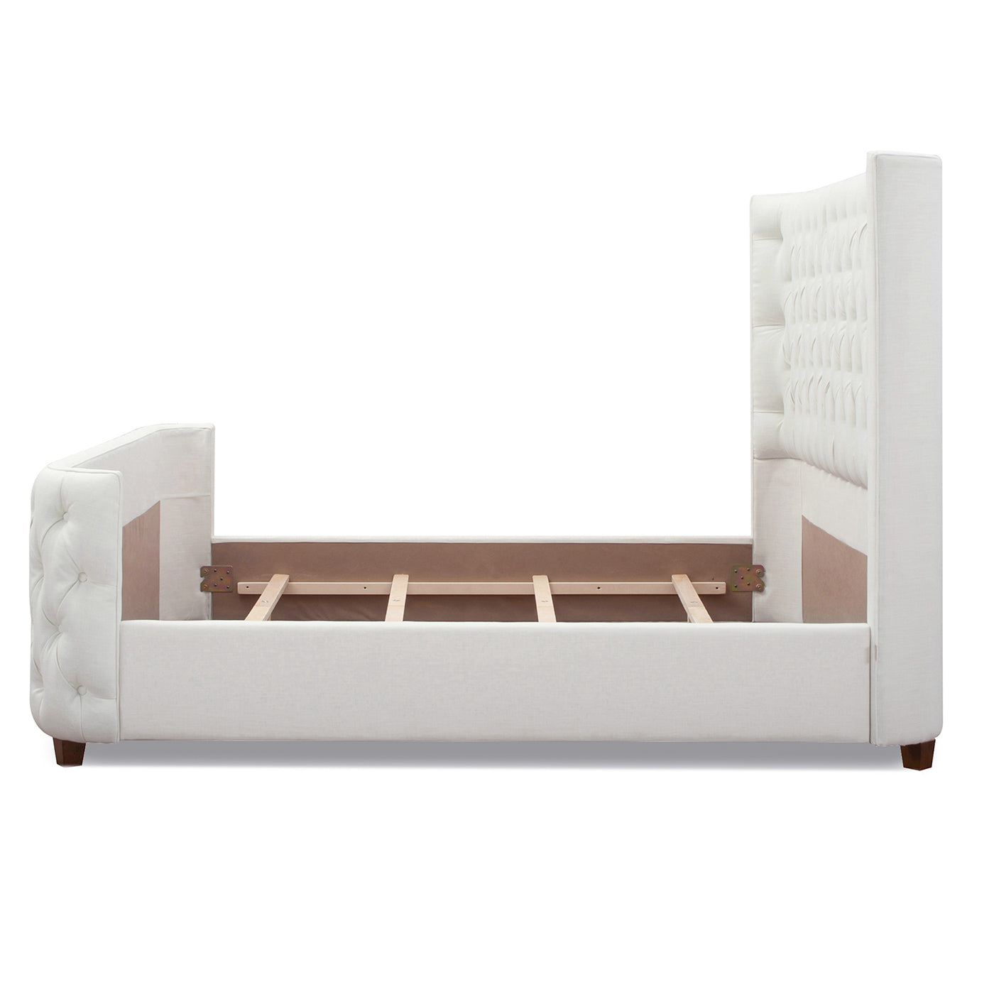 Tufted white fabric bed frame with wingback headboard and wooden slats