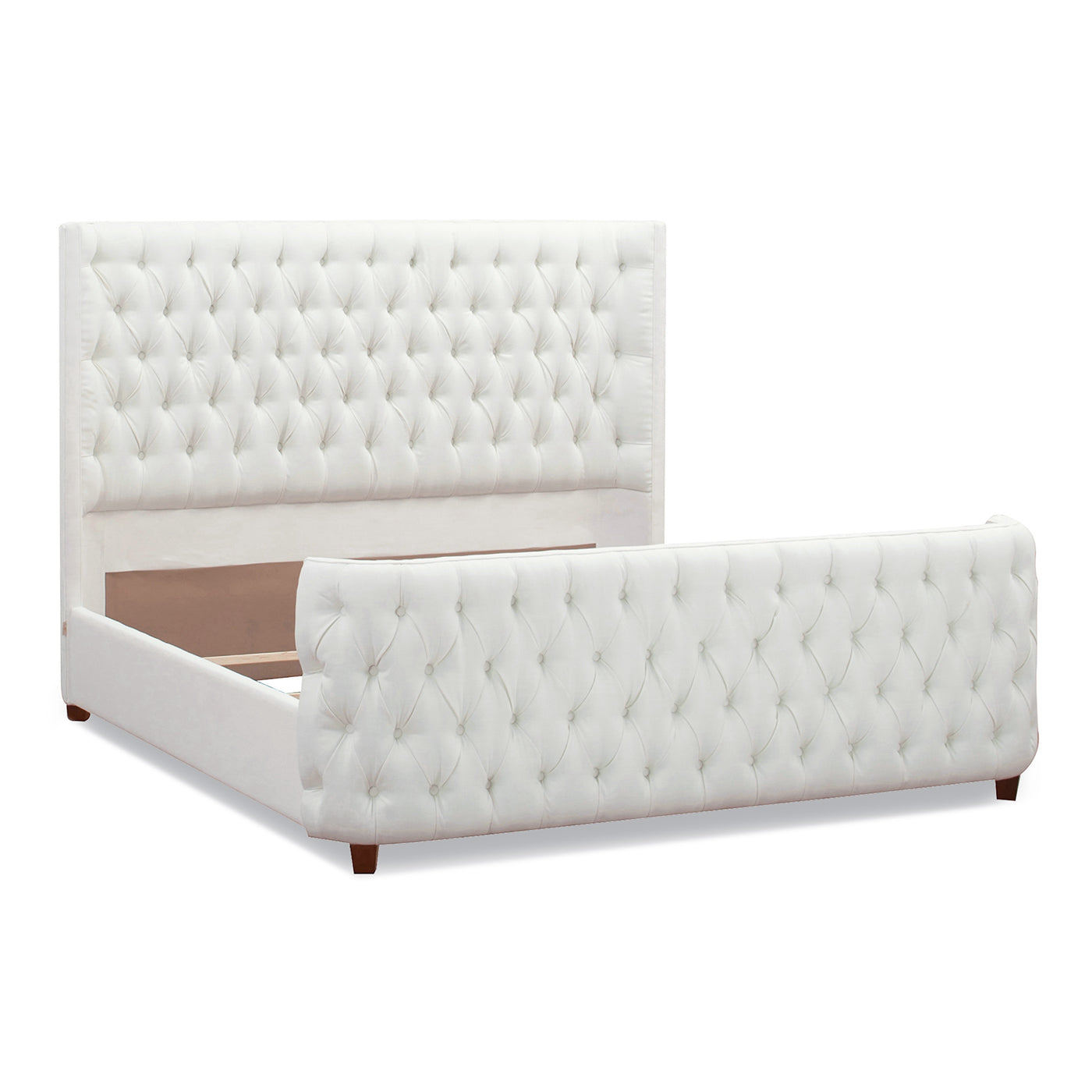 Tufted white velvet sleigh bed frame with crystal buttons