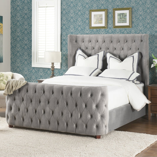 Gray velvet tufted bed frame with crystal buttons queen size for bedroom comfort