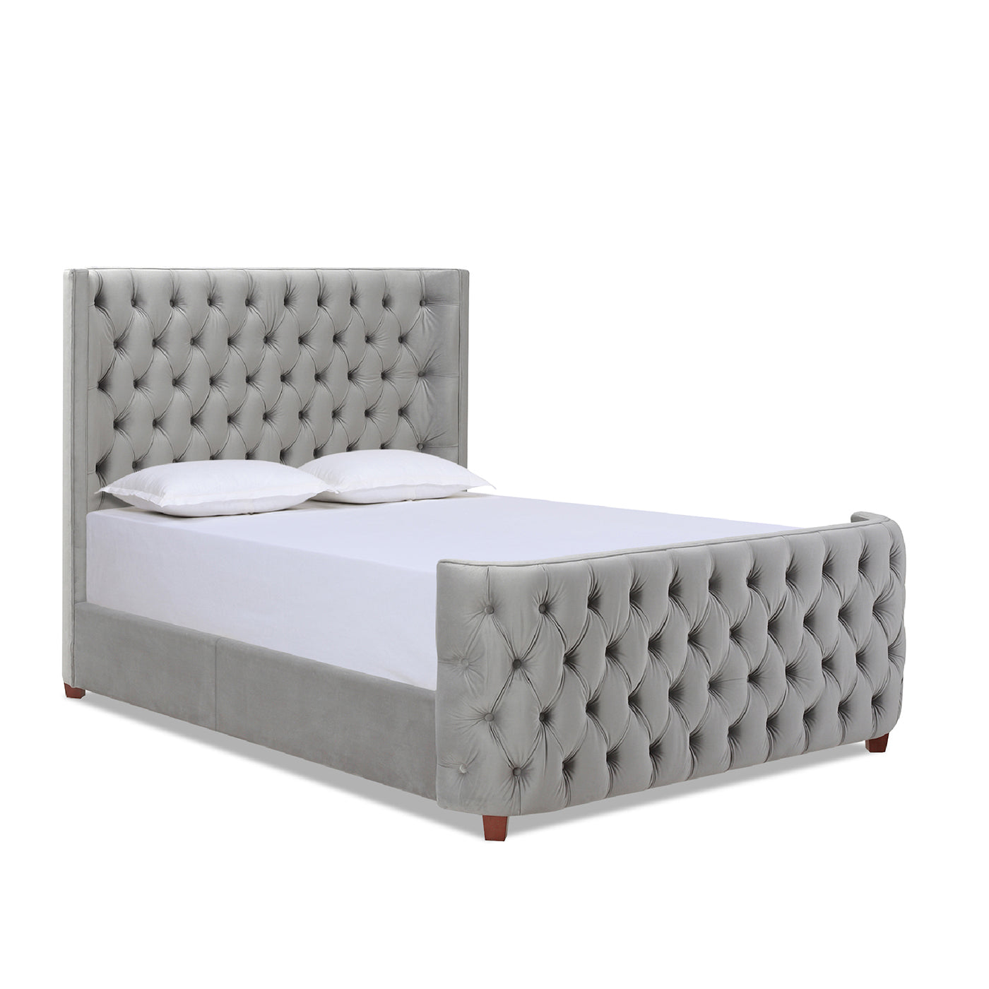 Grey velvet tufted king bed frame with button detailing and wooden legs