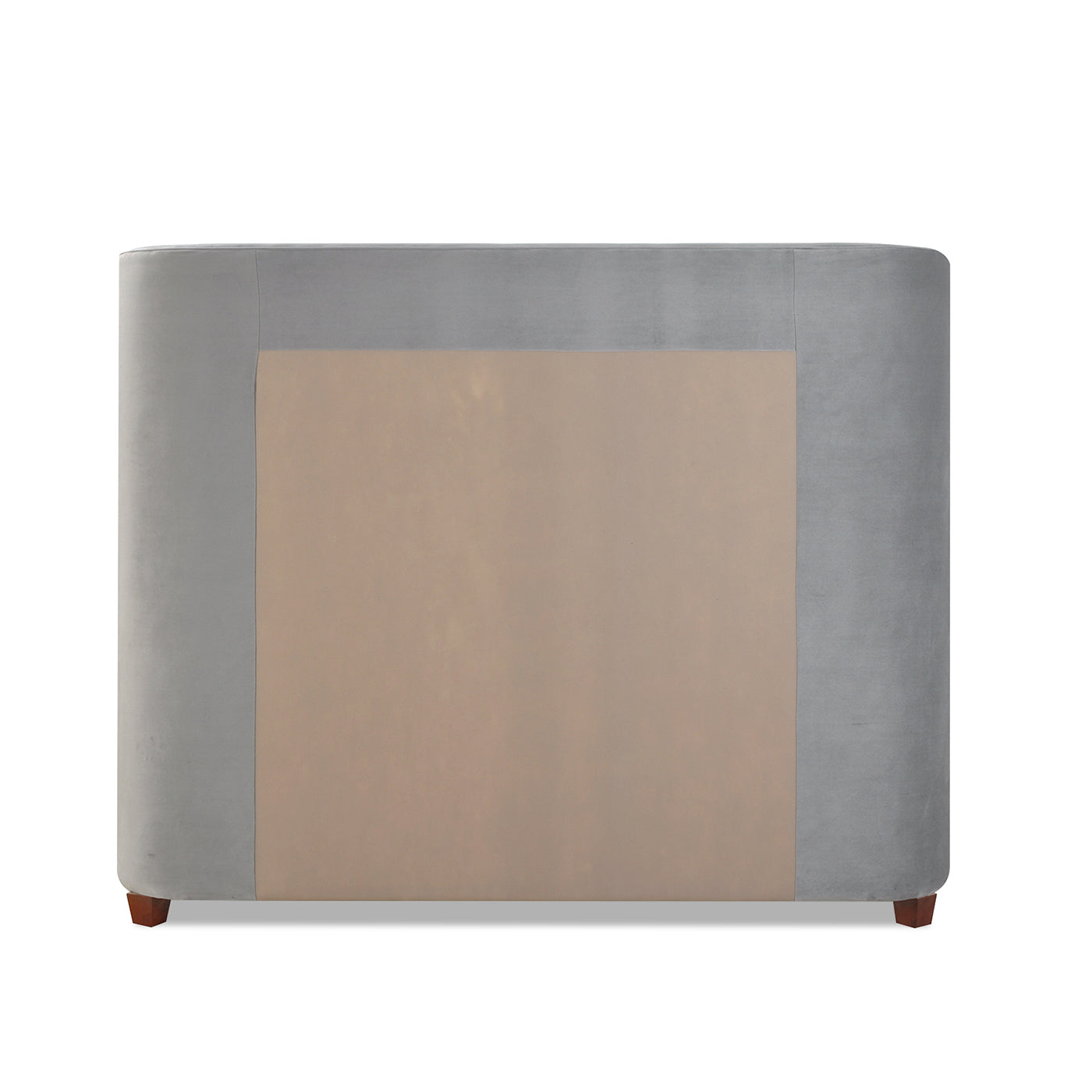 Grey upholstered bed headboard with rounded edges and wooden feet