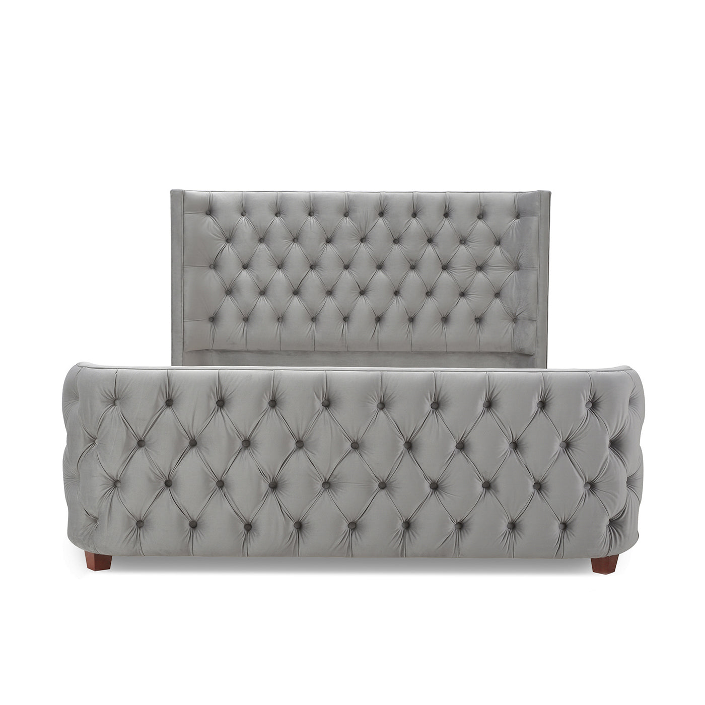 Tufted grey velvet king size bed frame with diamond button detailing and wooden legs