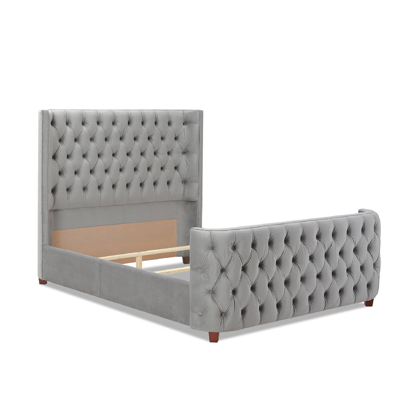 Grey velvet tufted bed frame with elegant diamond stitching queen size