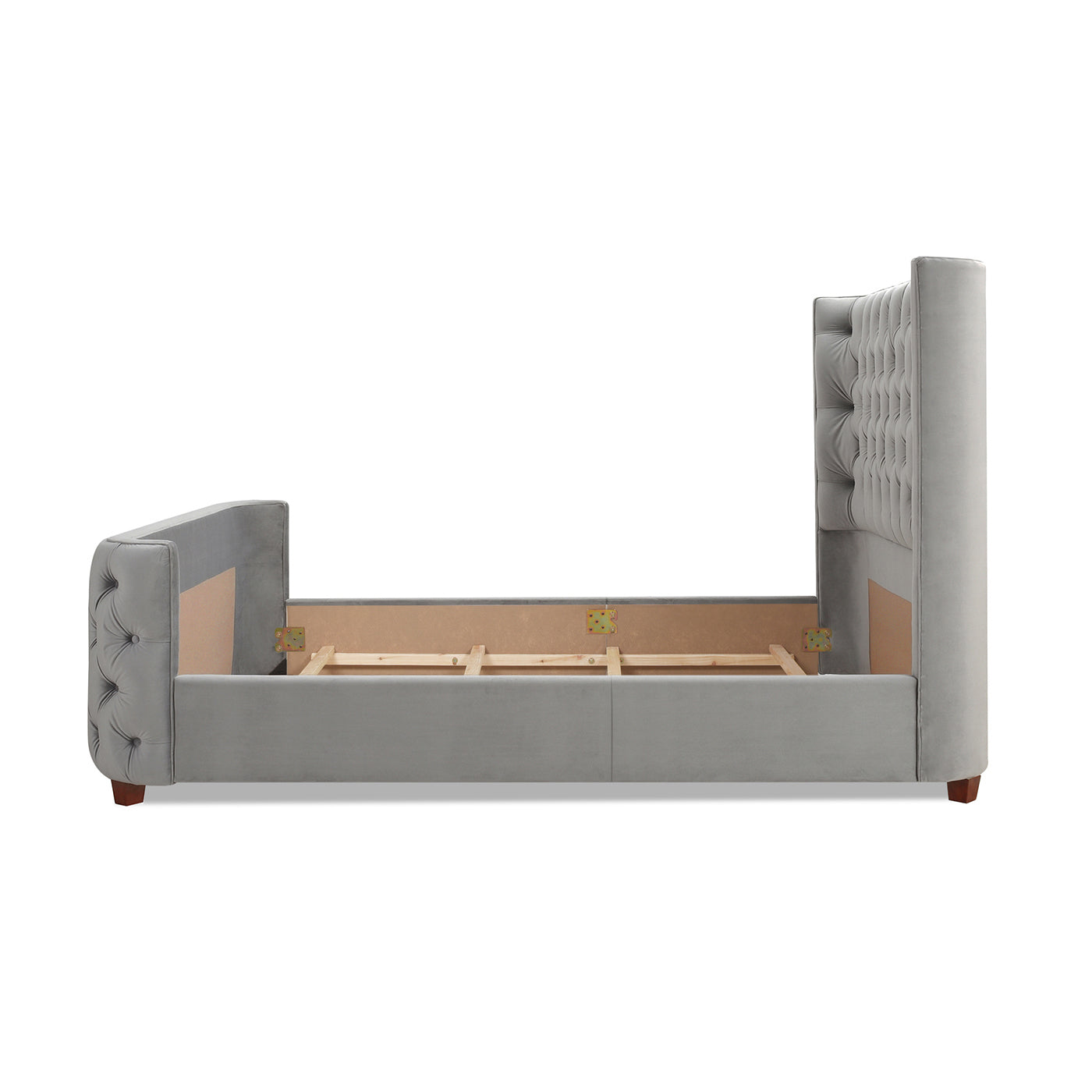 Grey velvet tufted king bed frame with wingback headboard and wooden slats