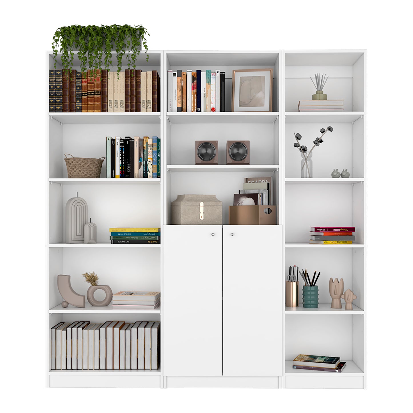 White bookshelf with a variety of books decorative objects and a woven basket for storage