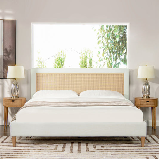 White upholstered bed with natural cane headboard queen size modern design