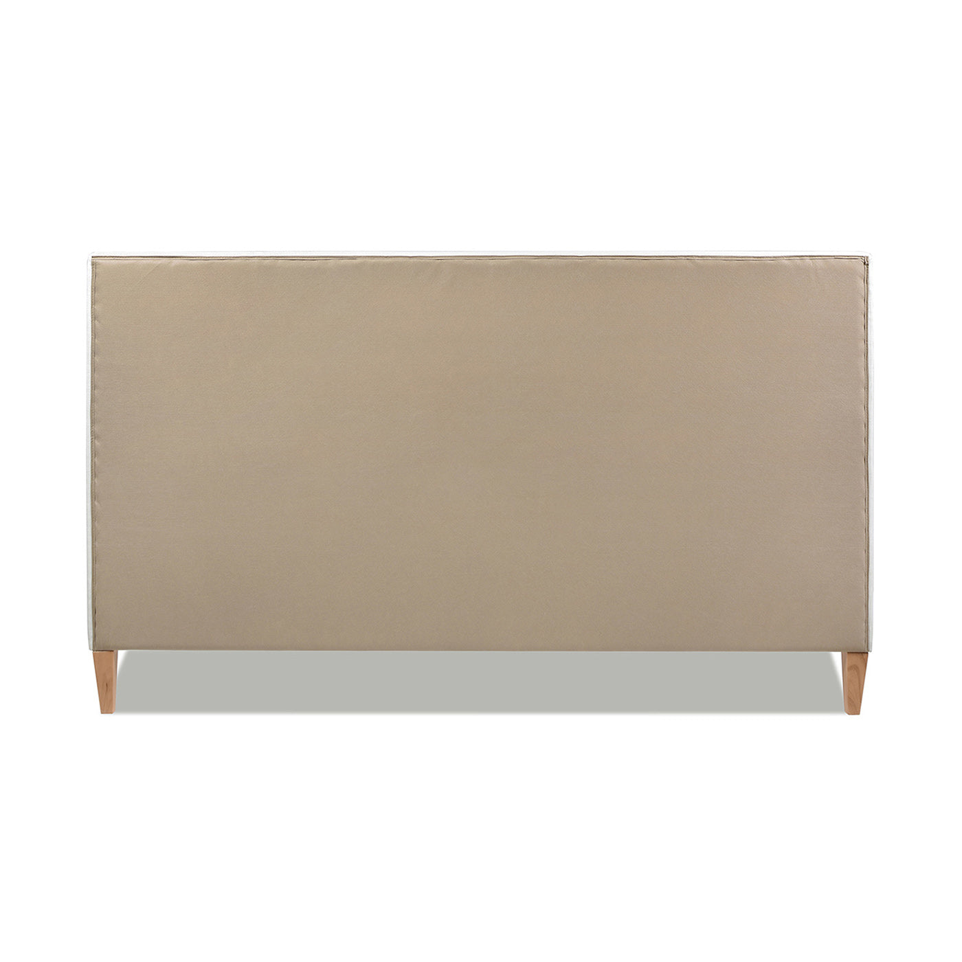 Upholstered taupe headboard with light wood legs minimalist bedroom furniture accent
