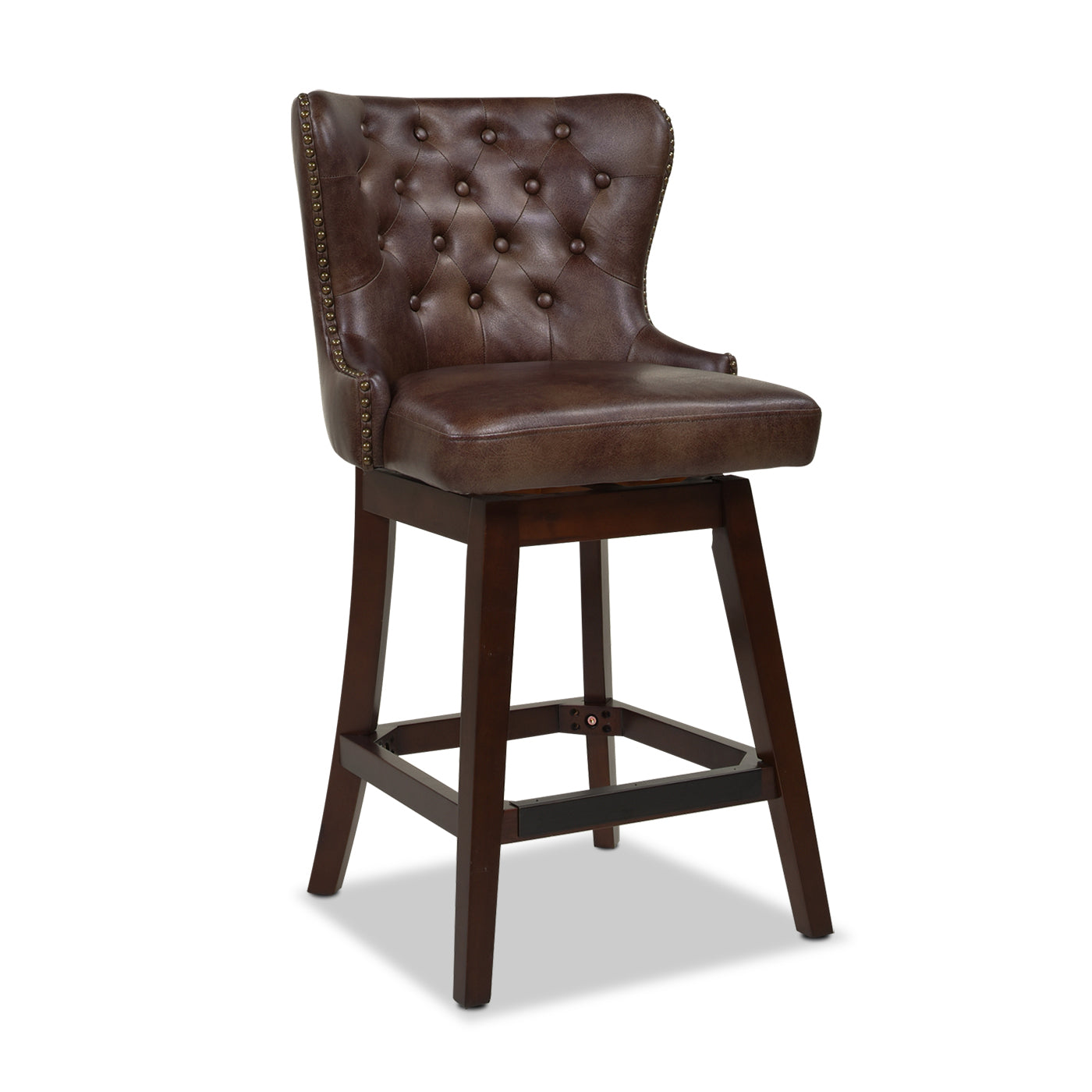 Brown leather tufted swivel bar stool with brass nailhead trim and wooden legs