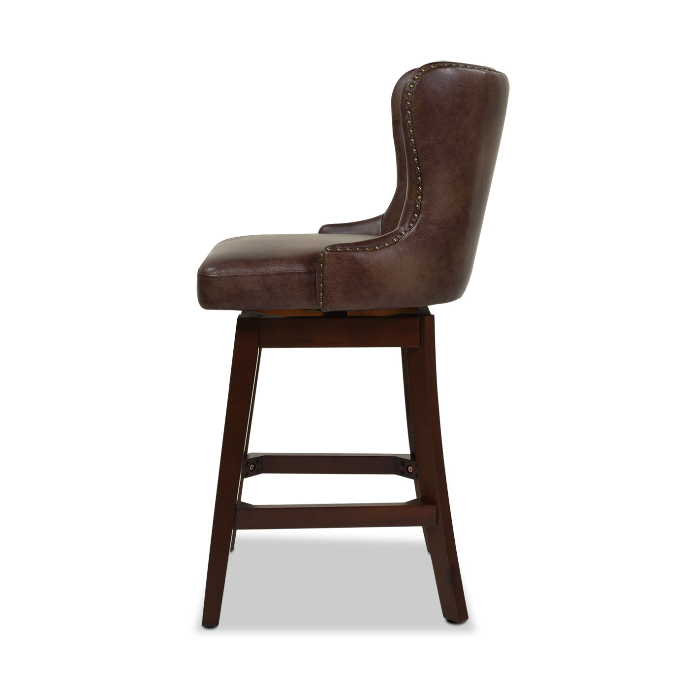 Brown leather tufted bar stool with nailhead trim and wooden base