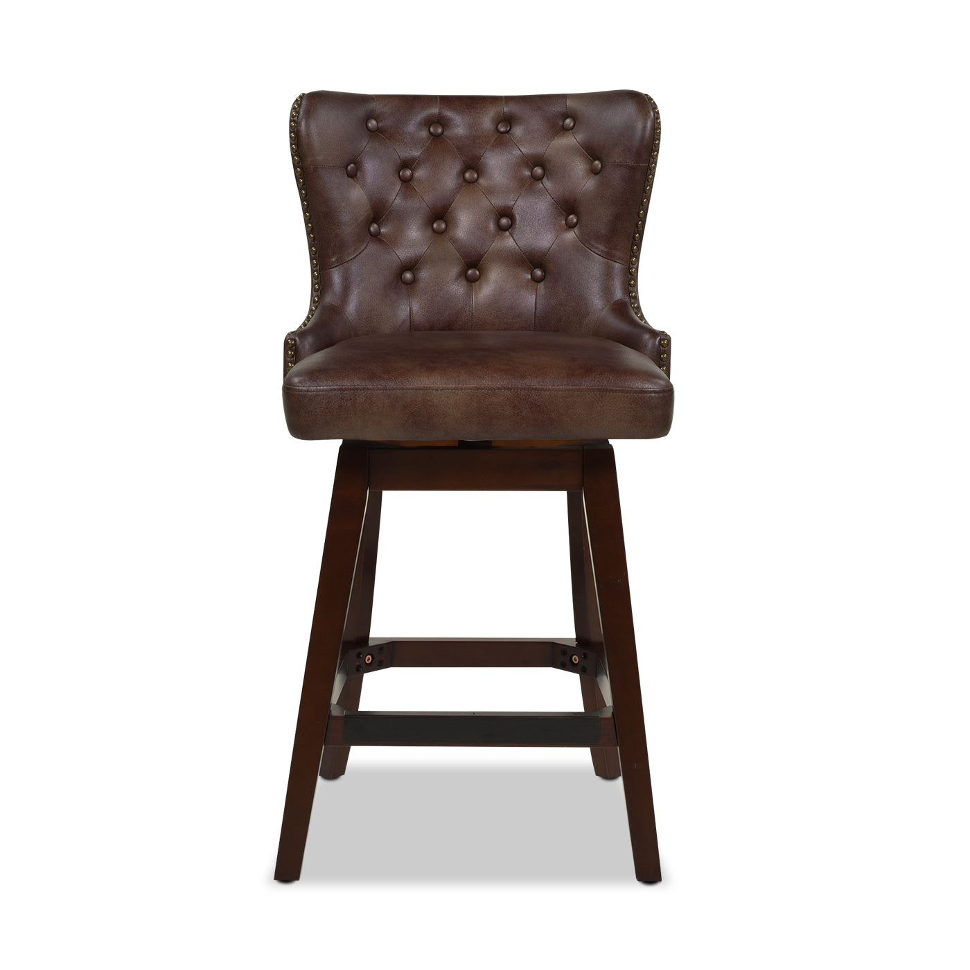 Brown tufted leather bar stool with antique brass nailhead trim