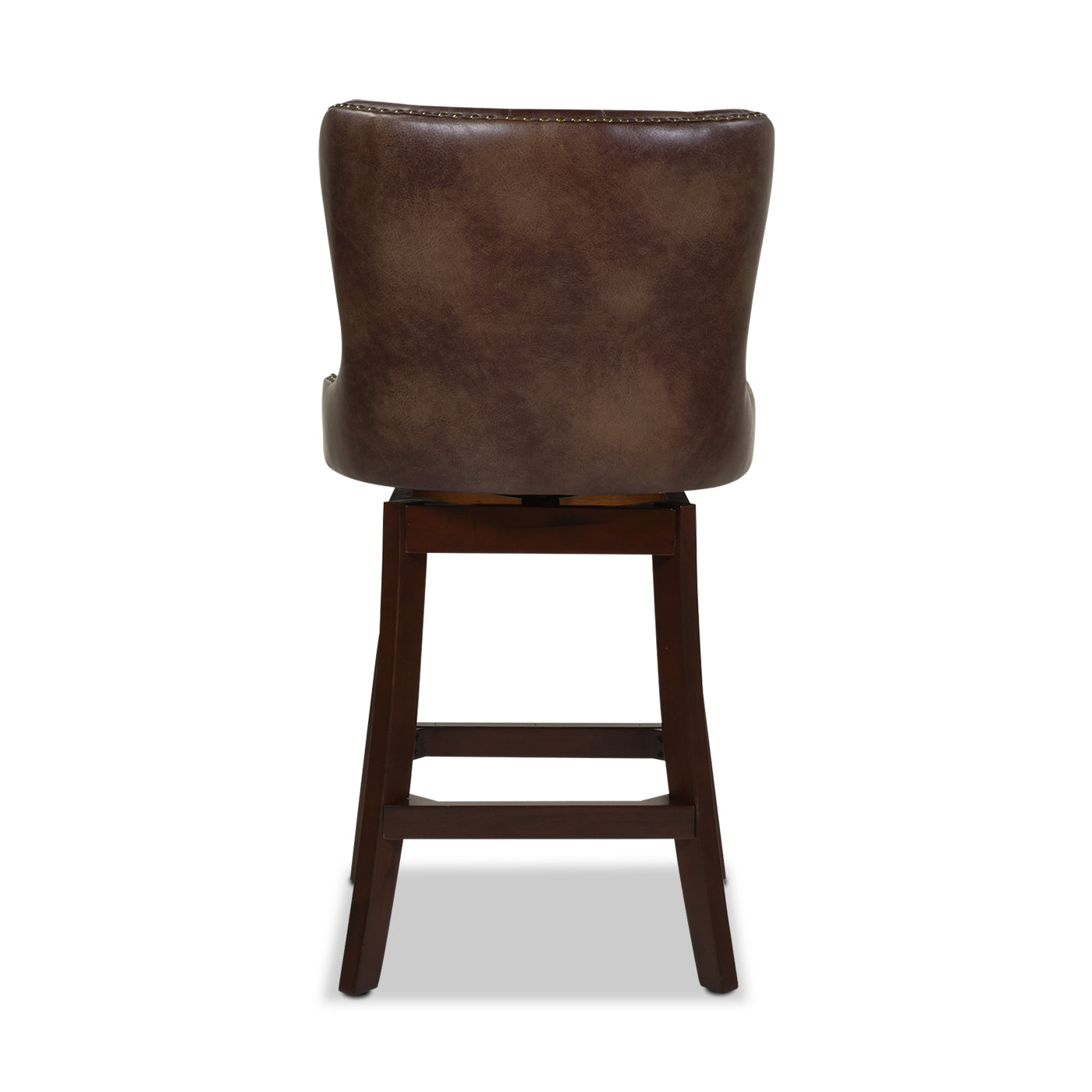 Dark brown distressed leather bar stool with tufted back and dark wood legs