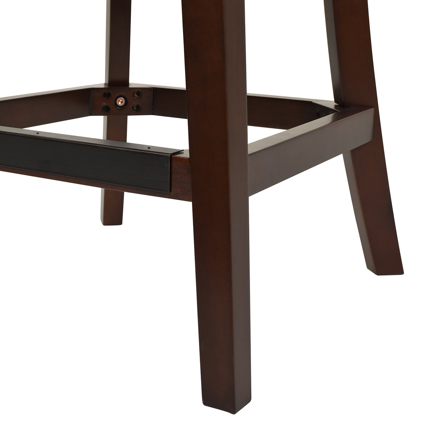 Dark wood bar stool legs with reinforced joinery and footrest support