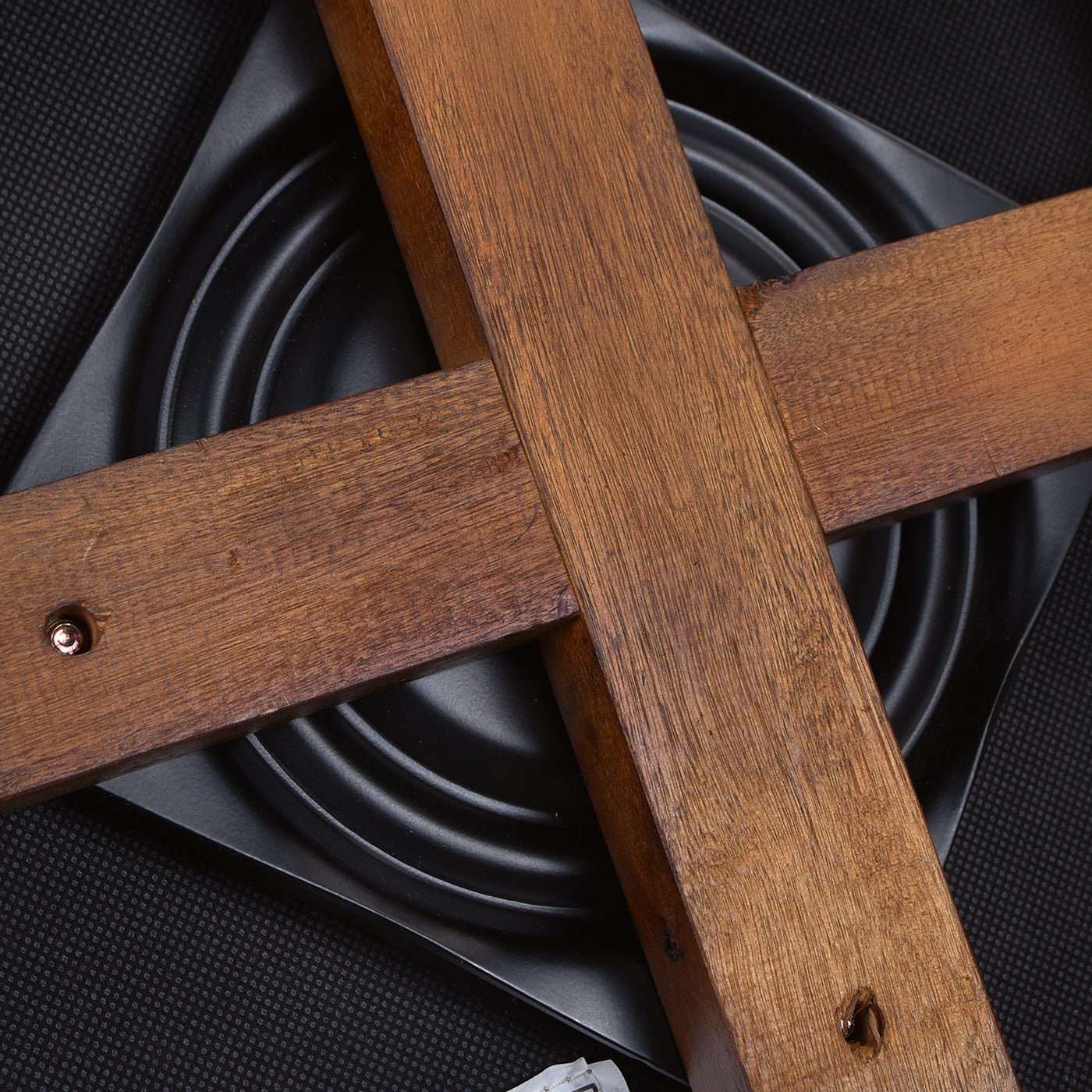 Wooden cross base for swivel chair dark brown wood black metal mechanism