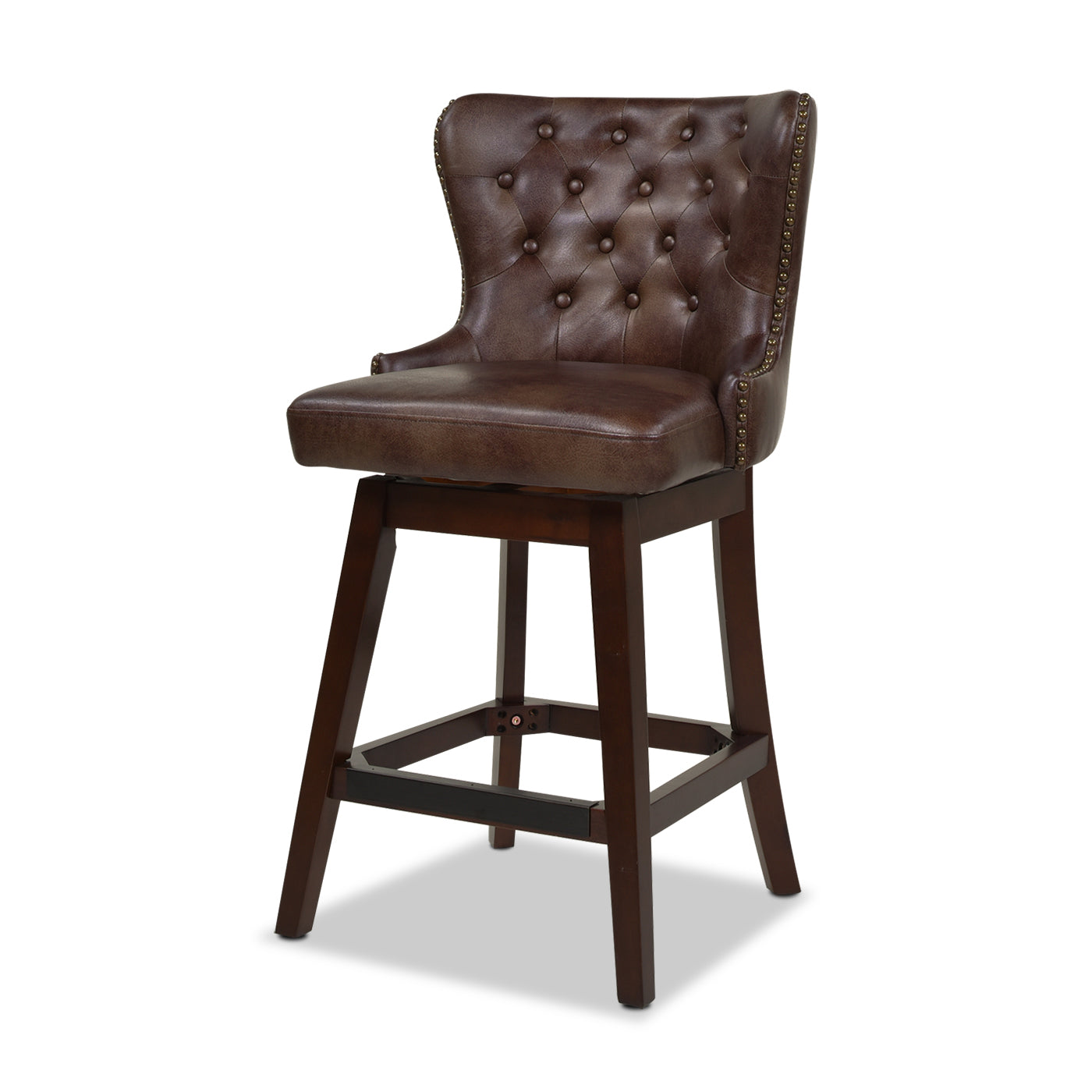 Brown leather tufted swivel bar stool with nailhead trim and dark wood base