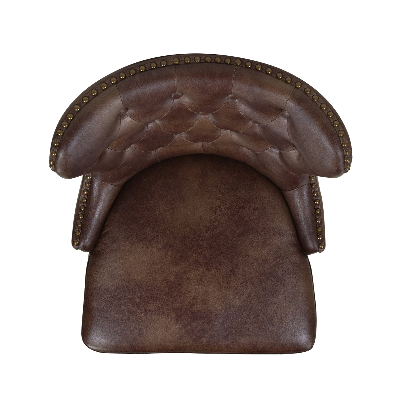 Brown tufted leather armchair with brass nailhead trim top view vintage style