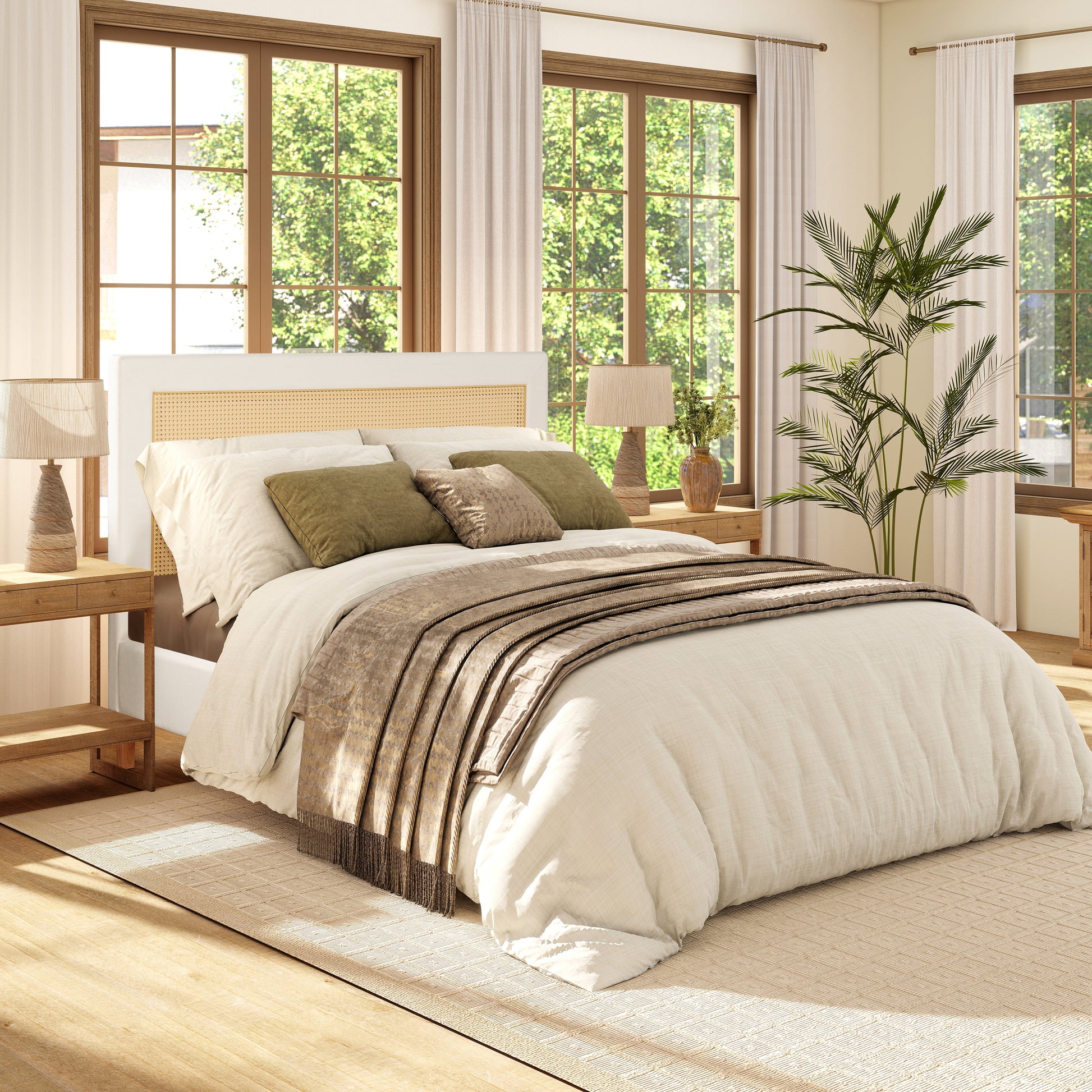 White upholstered bed frame with natural rattan headboard and ivory bedding