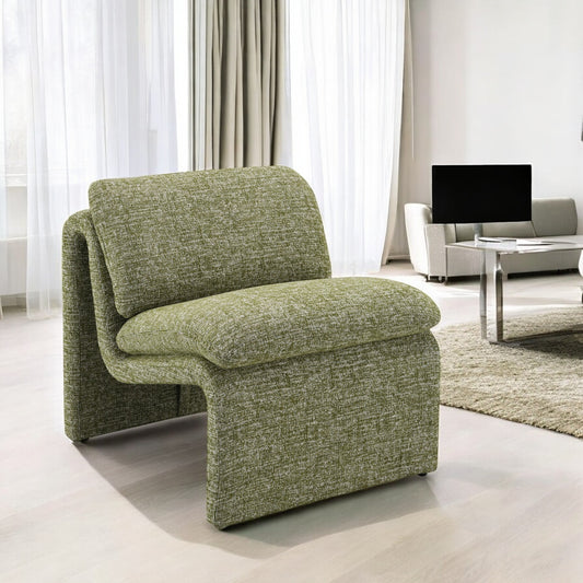 Modern olive green textured fabric armchair with curved silhouette ideal for living rooms