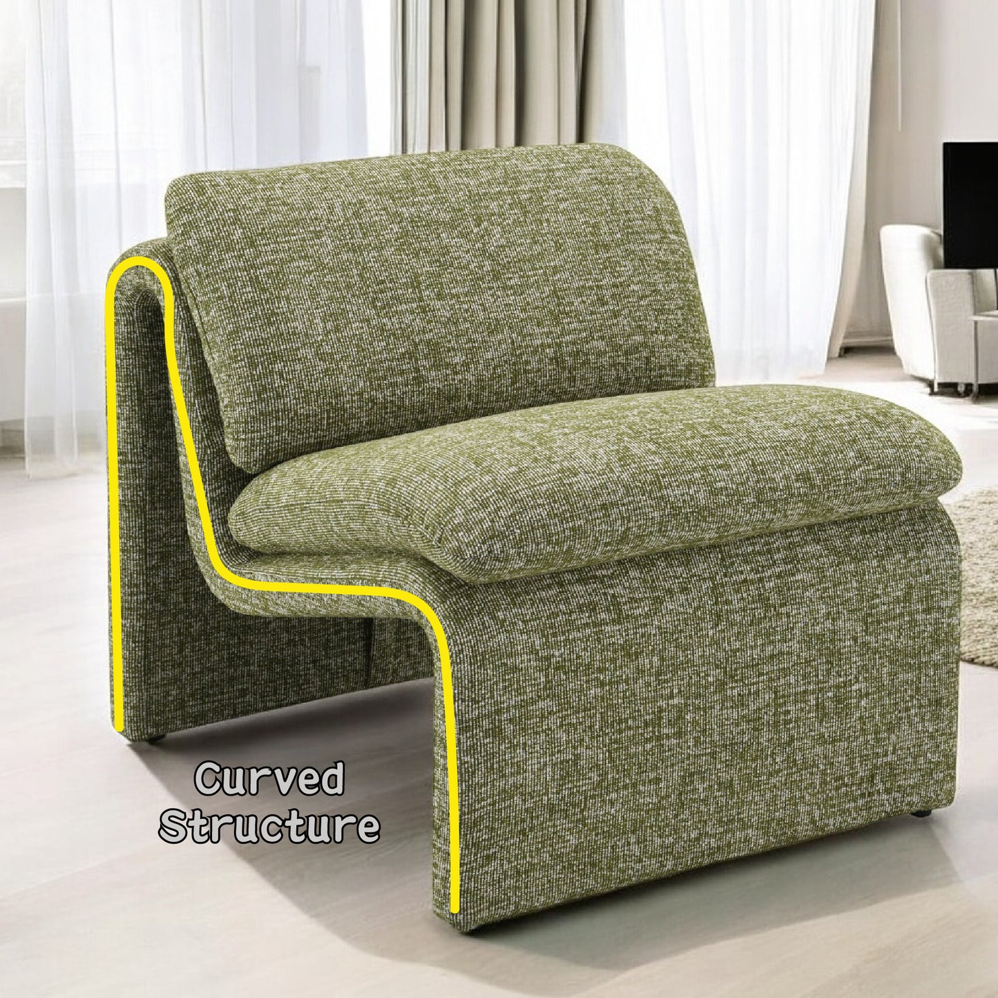 Textured green armchair with a modern curved structure and minimalist design
