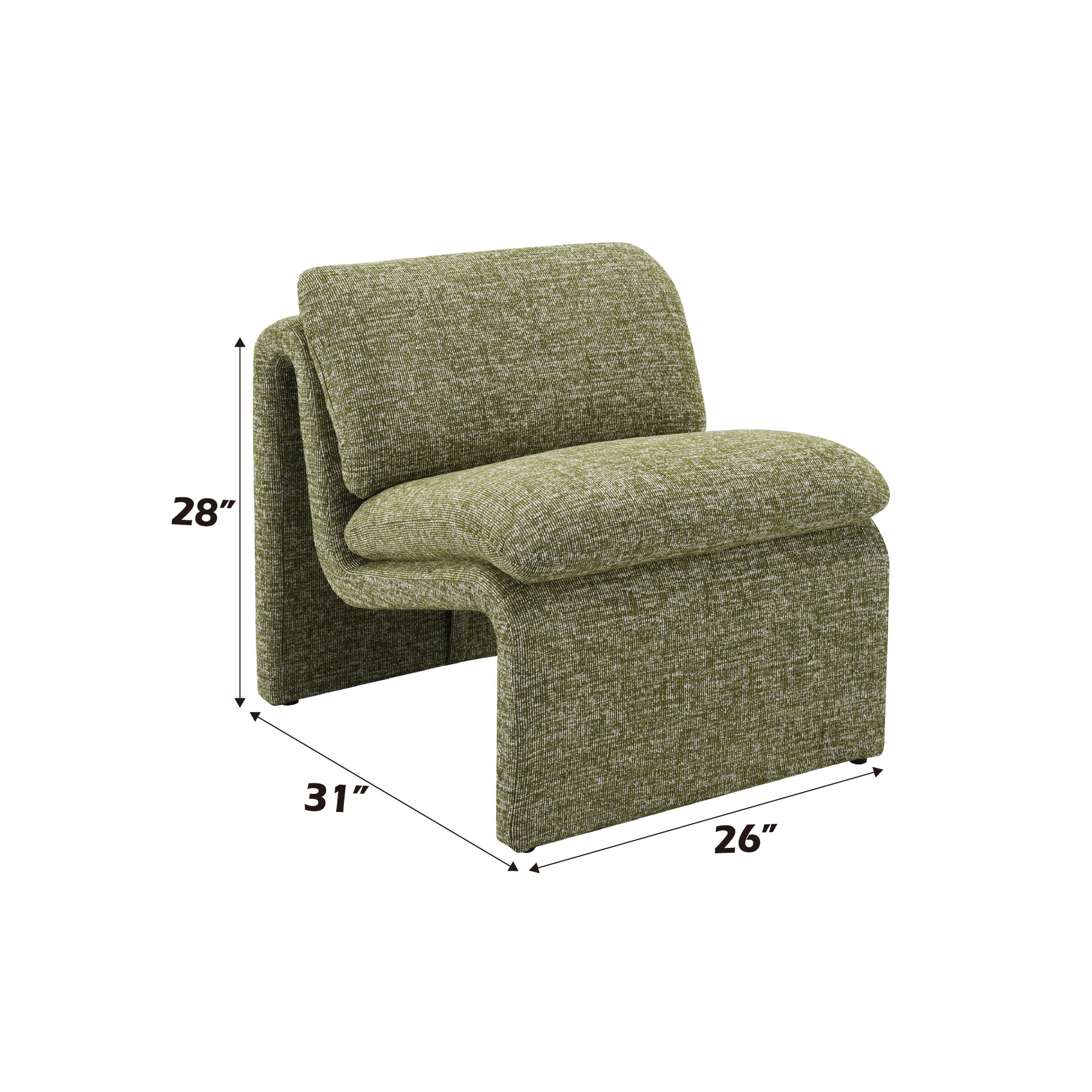 Modern olive green accent chair with textured fabric and curved design