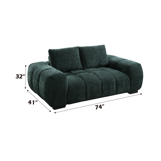 Dark teal textured fabric sofa with plush cushions  width