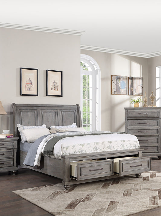 Gray sleigh bed frame with integrated storage drawers and a paneled headboard