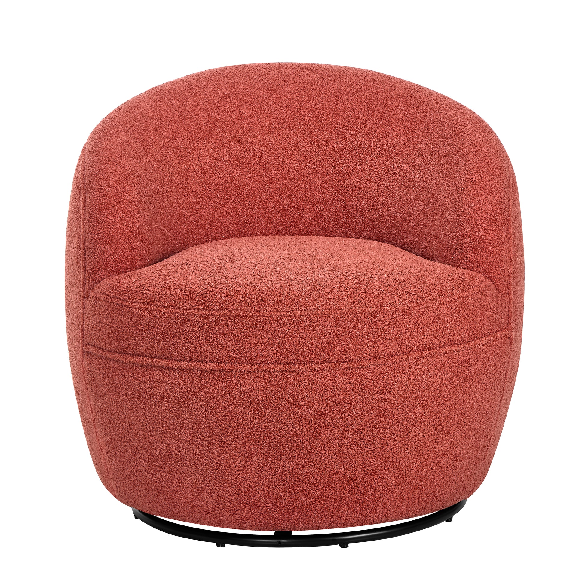 Terracotta textured boucl accent chair with a rounded back and black metal base
