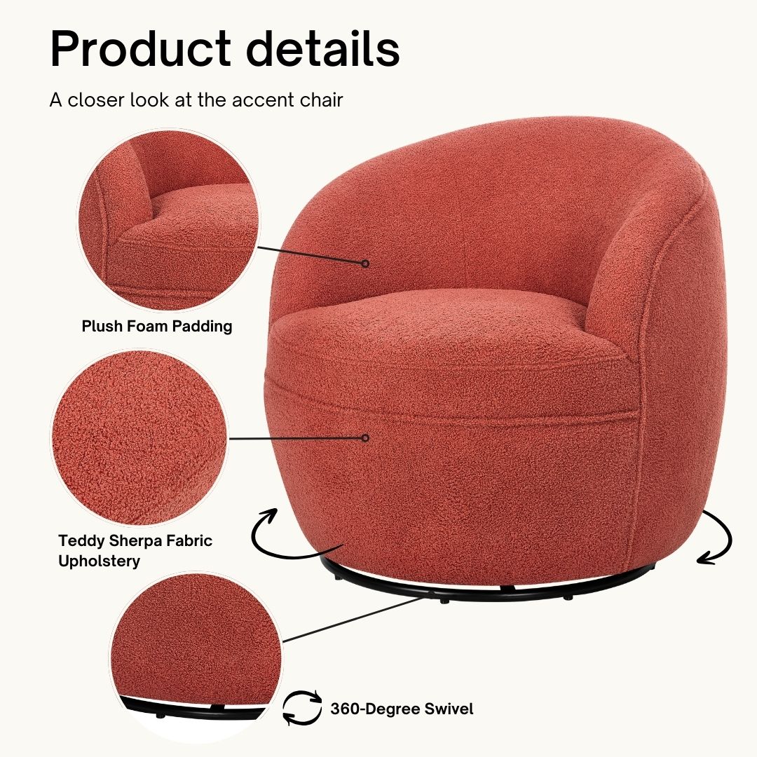 Coral teddy sherpa accent chair with plush foam padding and degree swivel base