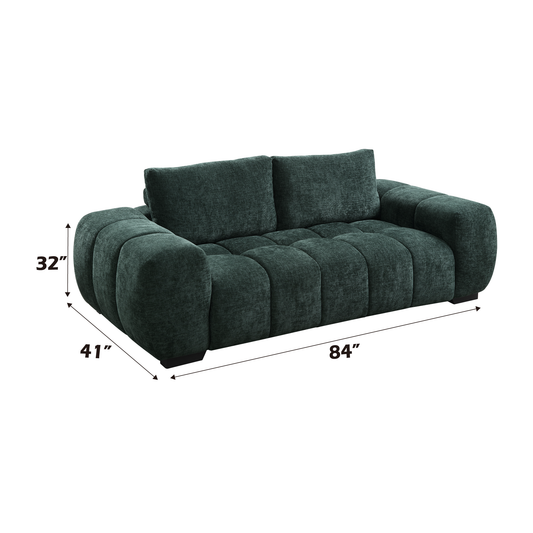 Deep green velvet sofa with channel tufted seat and arms contemporary design