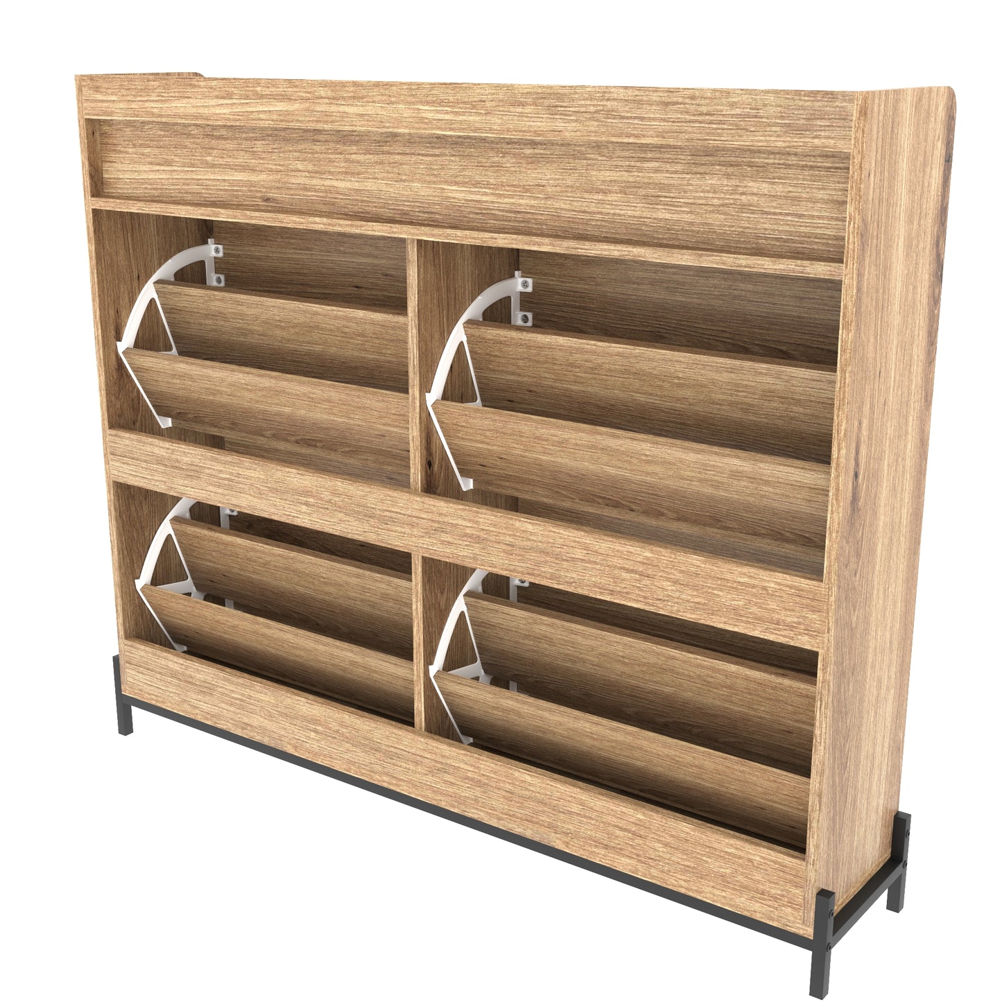 Modern wood shoe cabinet with four tiltout drawers and black metal legs