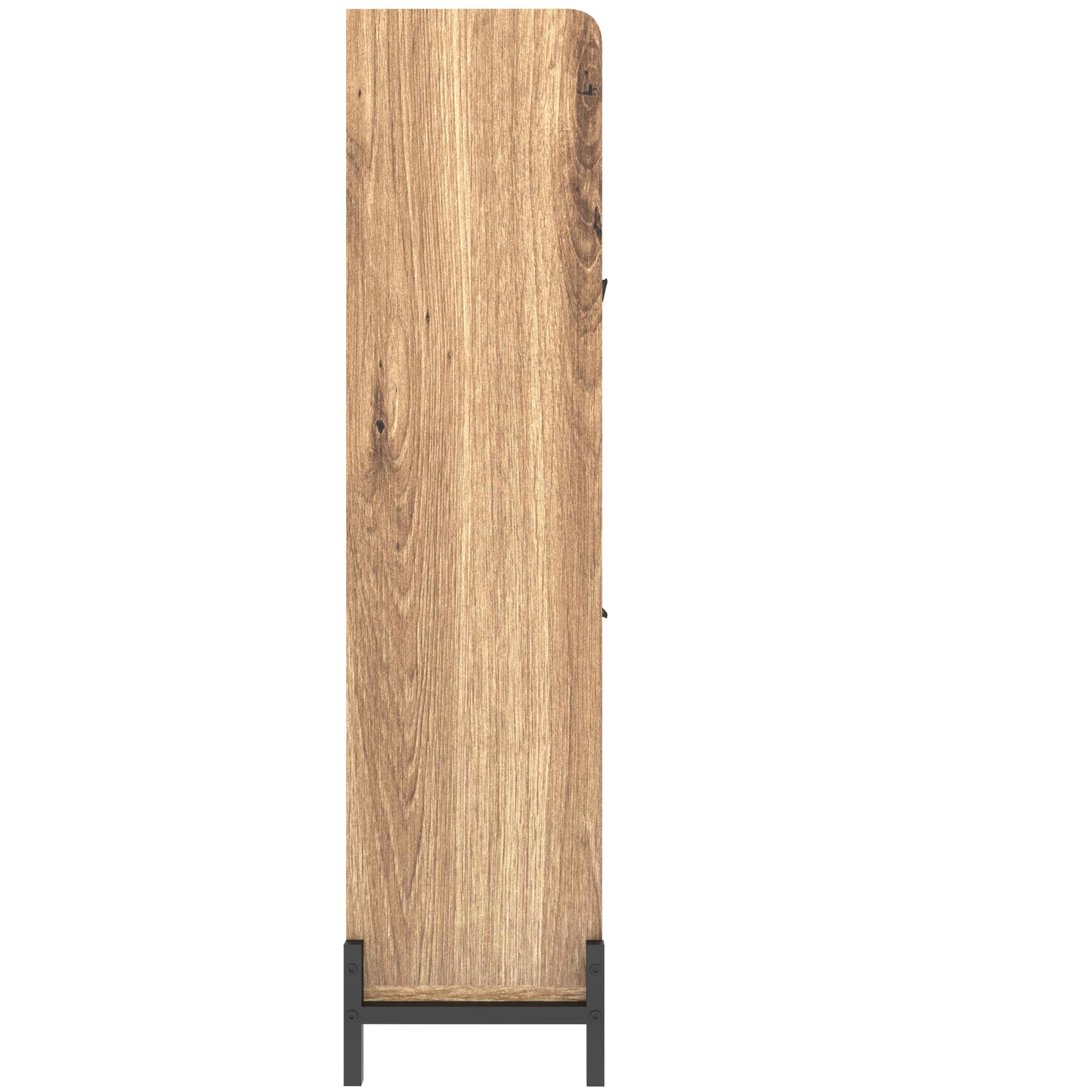 Side view of a rustic oak wood bookshelf with black metal legs