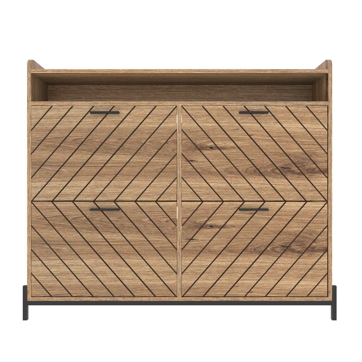 Modern wooden shoe cabinet with geometric drawer fronts and black handles
