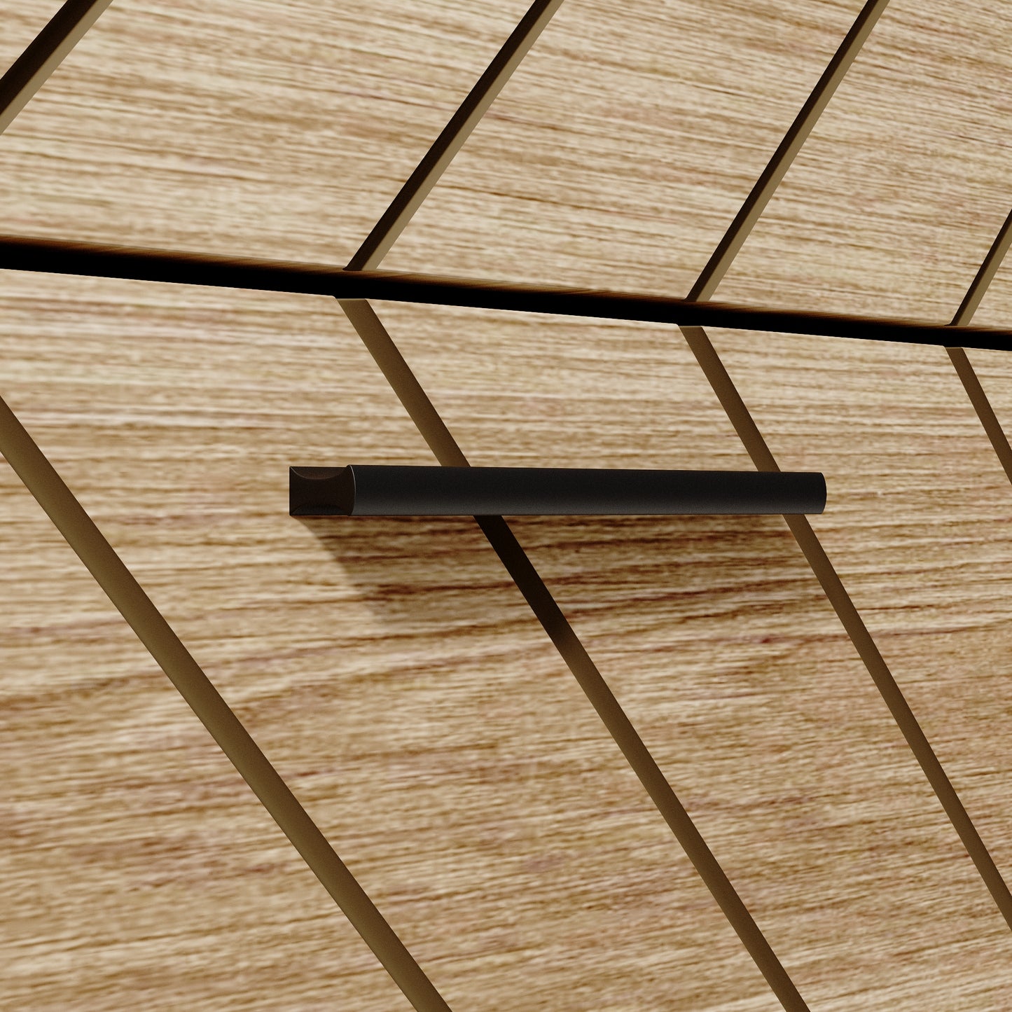 Modern black drawer pull on a light wood grain cabinet door