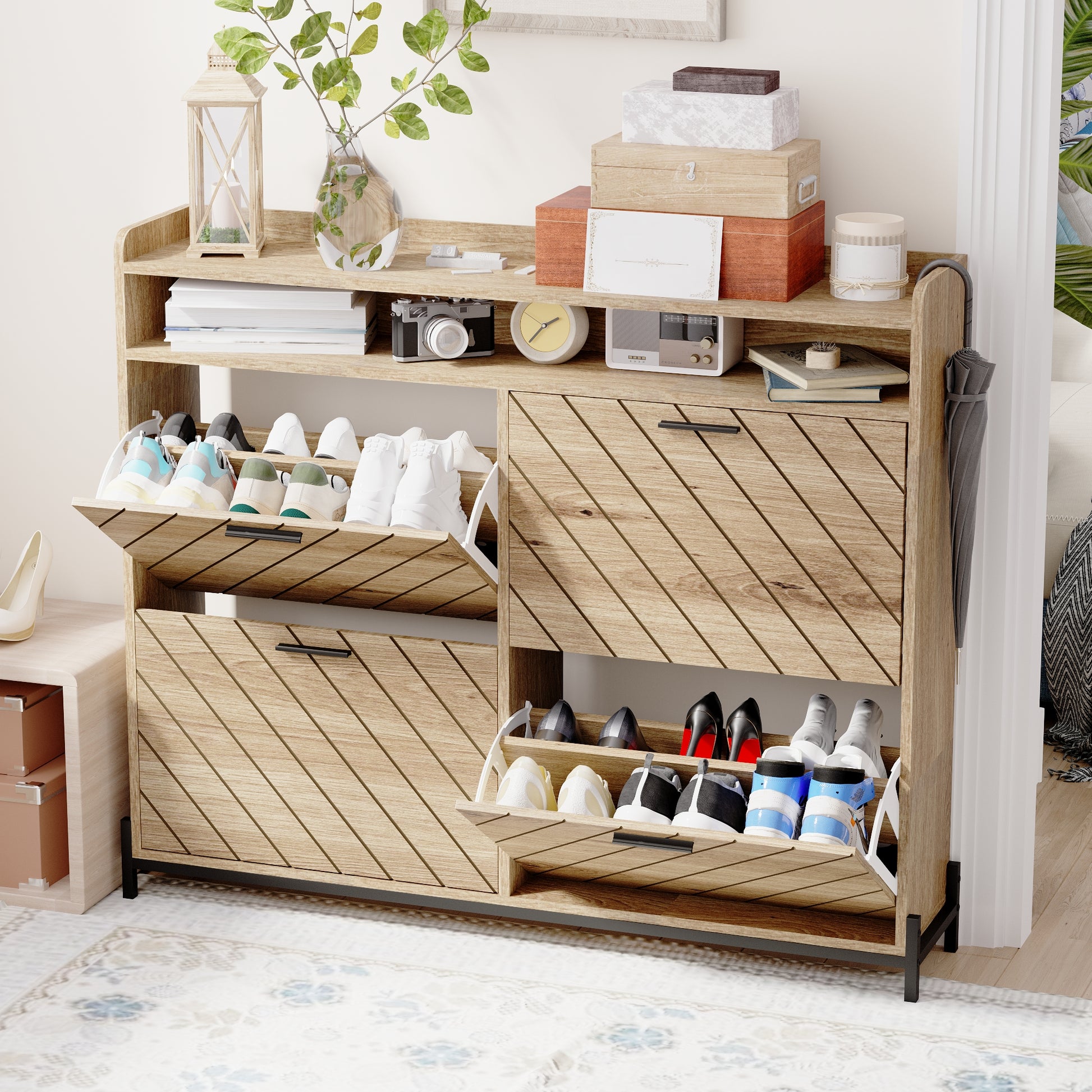 Light wood shoe cabinet with slatted doors holding sneakers and heels